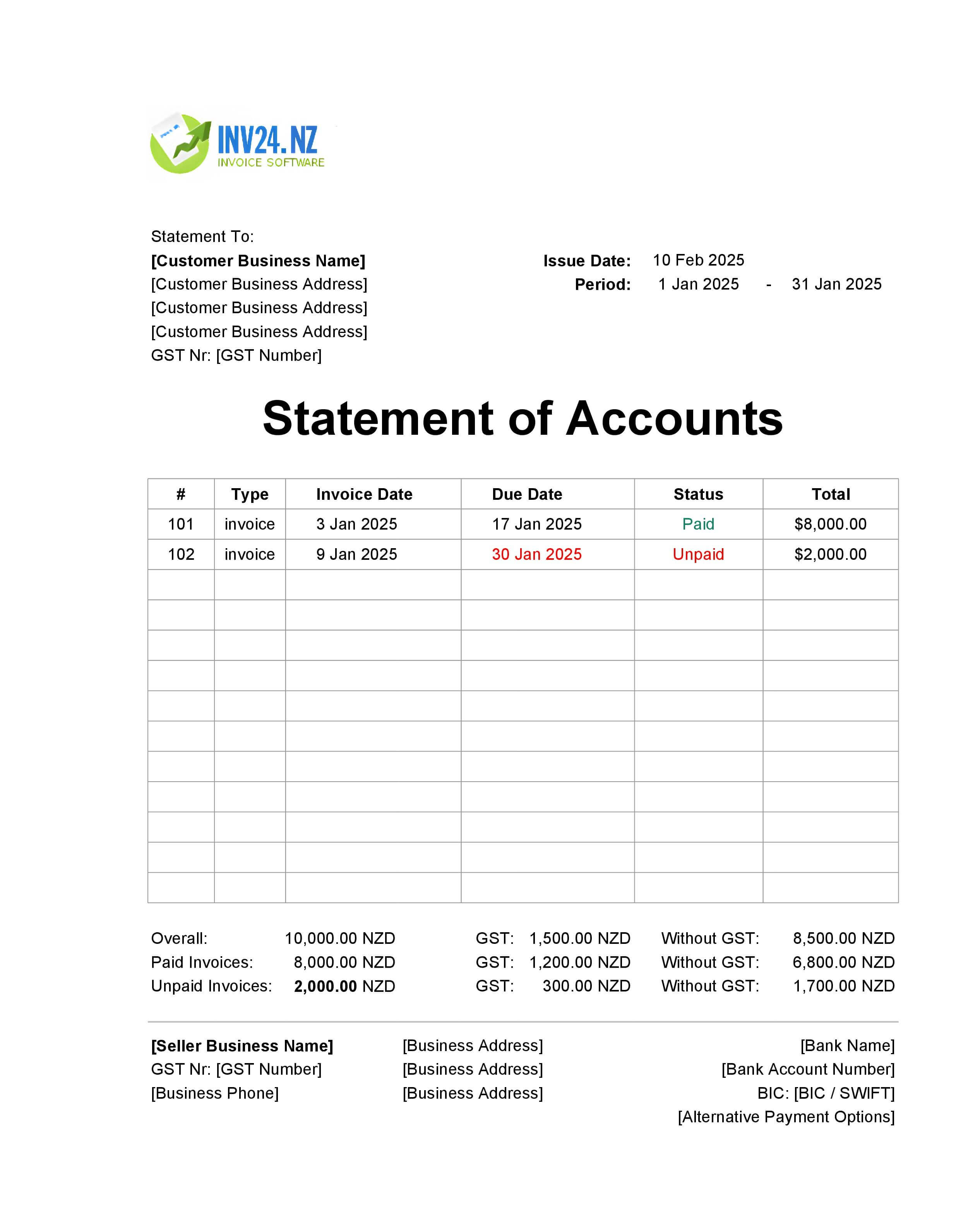 Monthly Statement of Accounts Template New Zealand (Excel / Google Sheets)