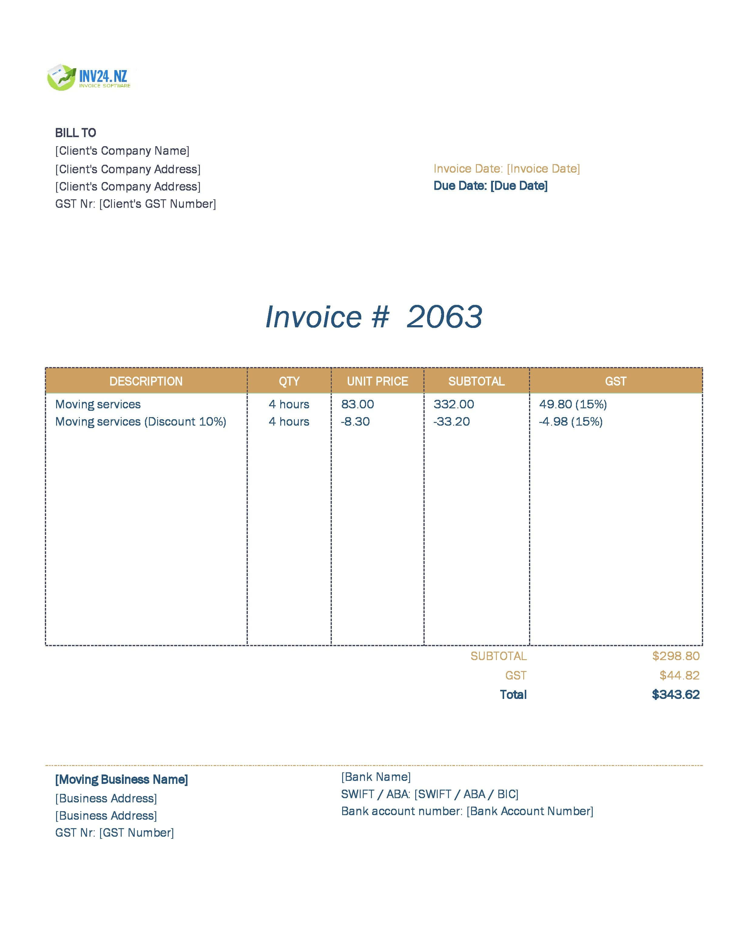 Moving Invoice Template for New Zealand (Excel / Google Sheets)