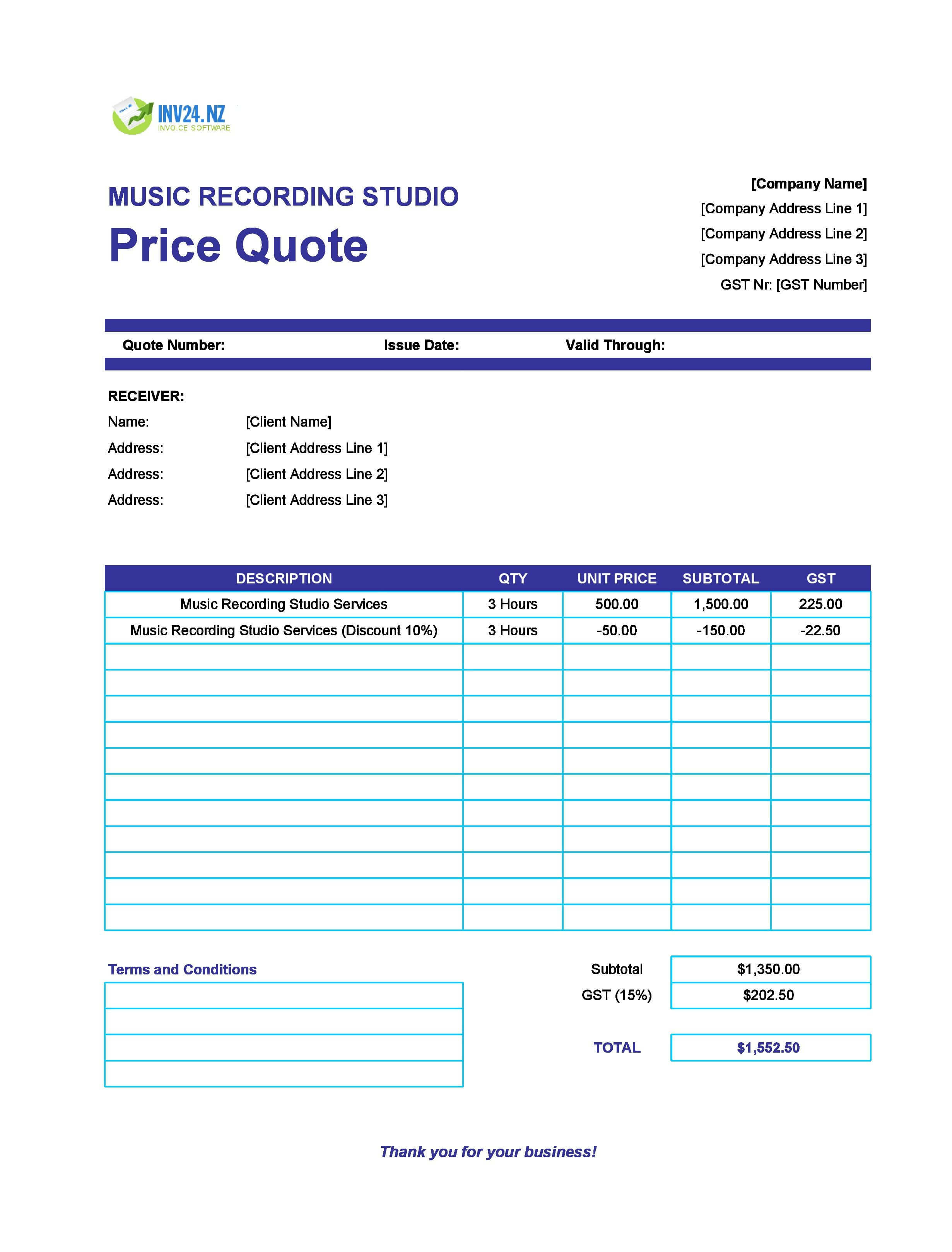 Music Recording Studio Quote Template for New Zealand (Excel / Google Sheets)