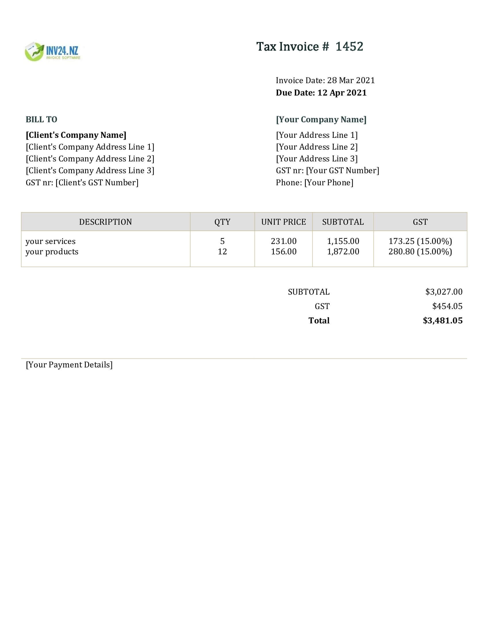 Sample Invoice Nz Tainvoice Template Design Contractor Layout Regarding 