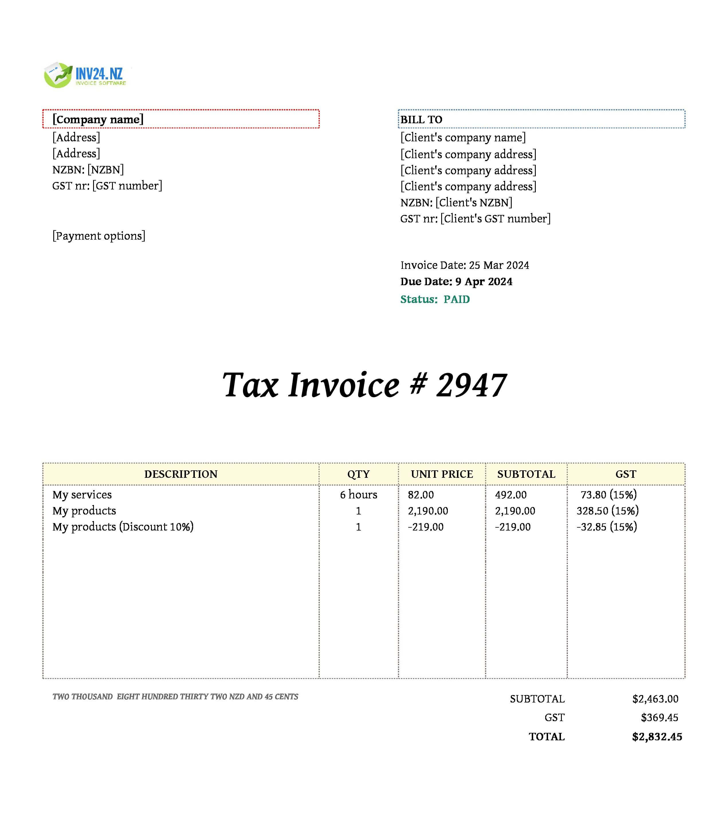 paid invoice template nz