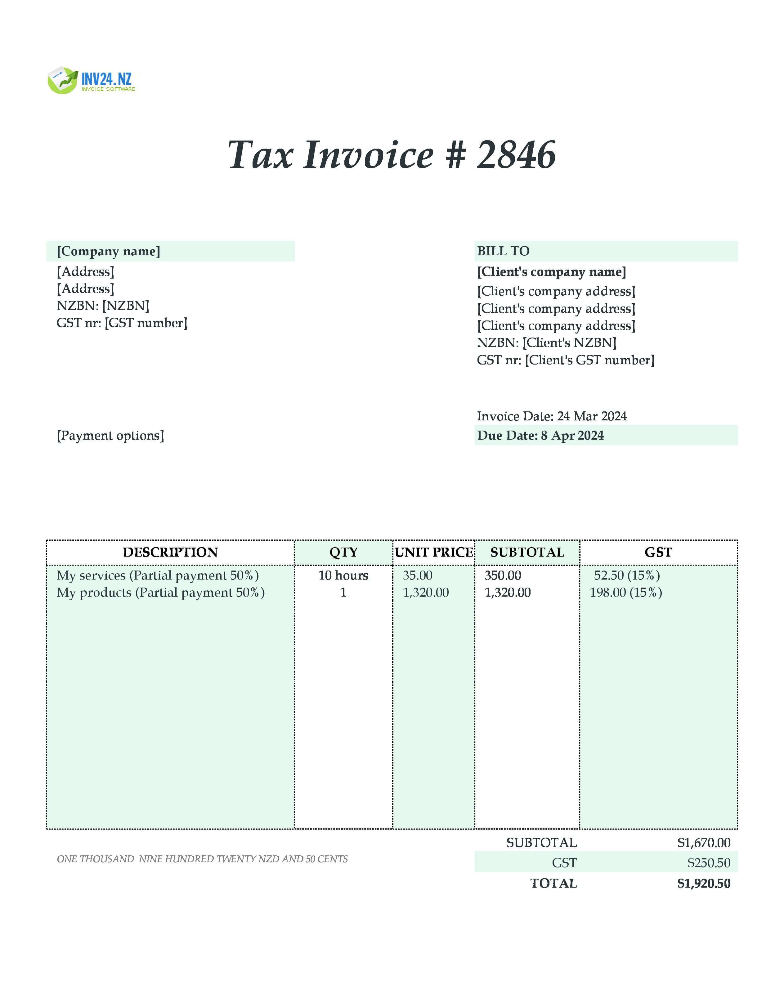 partial payment invoice template nz