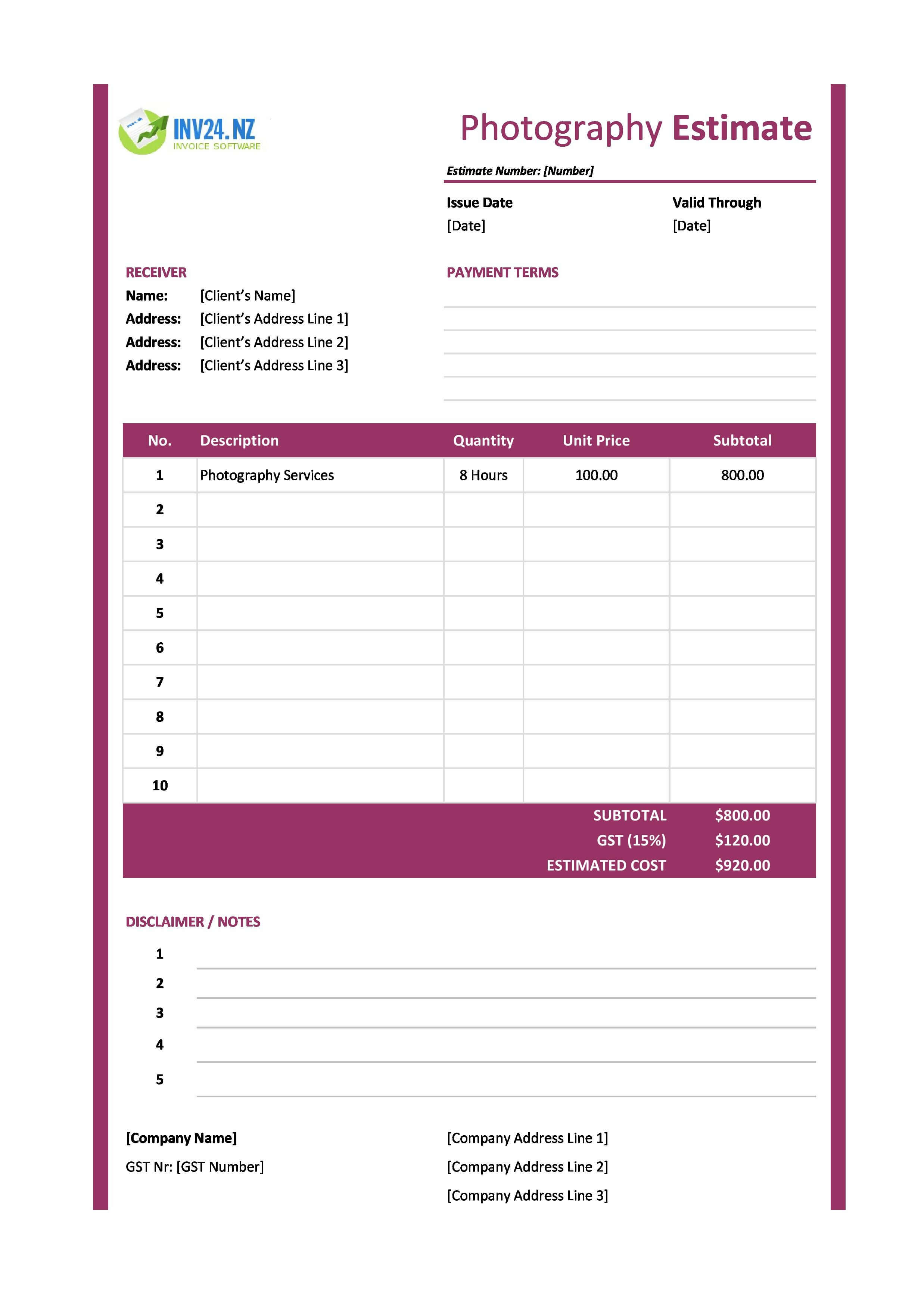 Photography Estimate Template for New Zealand (Excel / Google Sheets)