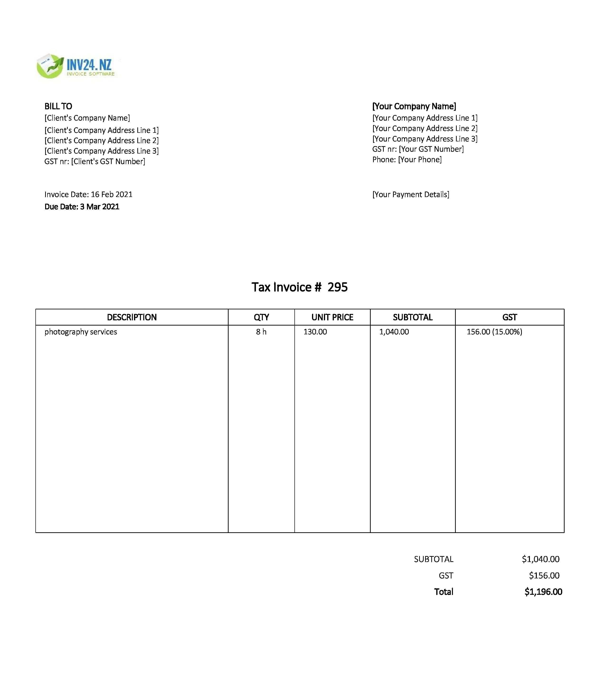 photography invoice template nz