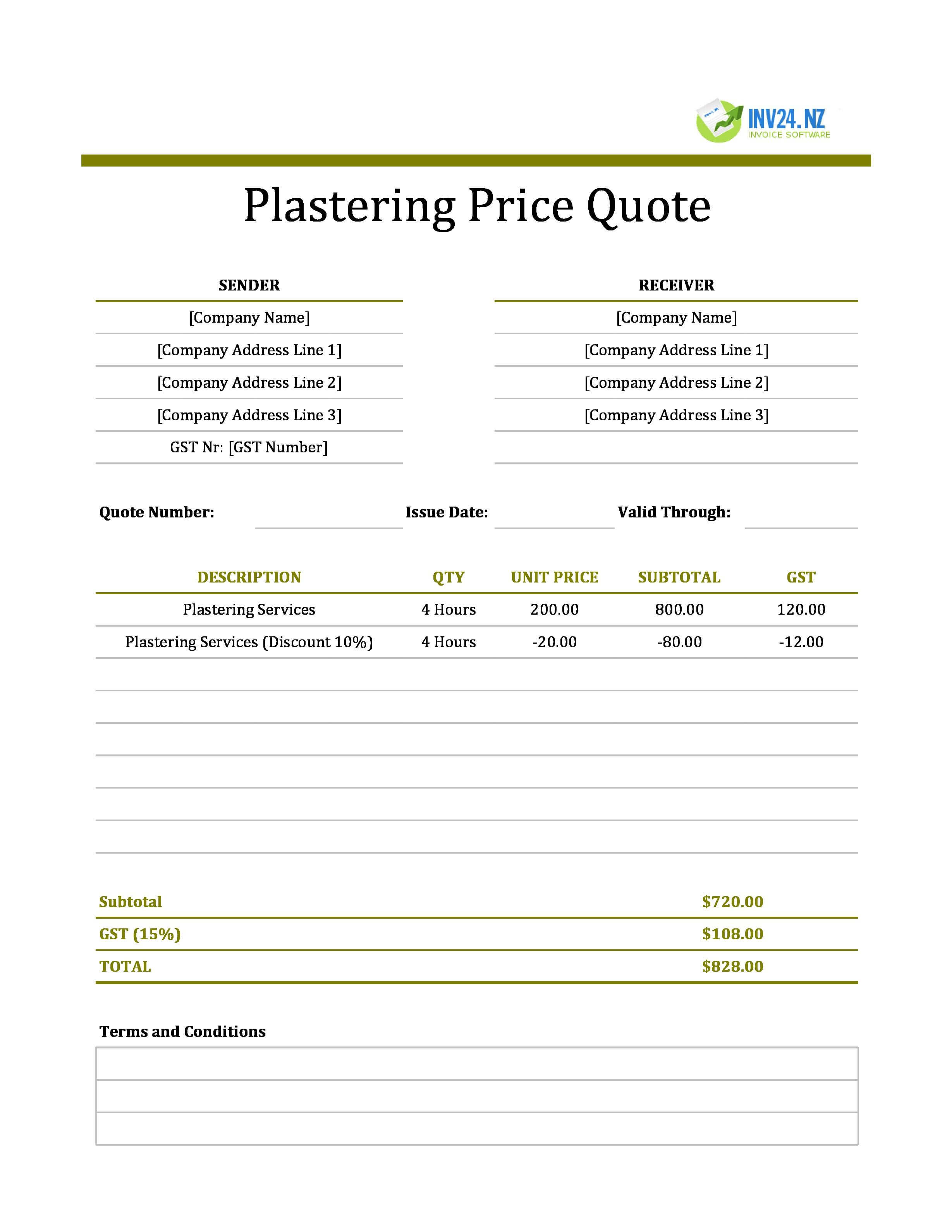 Plastering Quote Template for New Zealand (Excel / Google Sheets)
