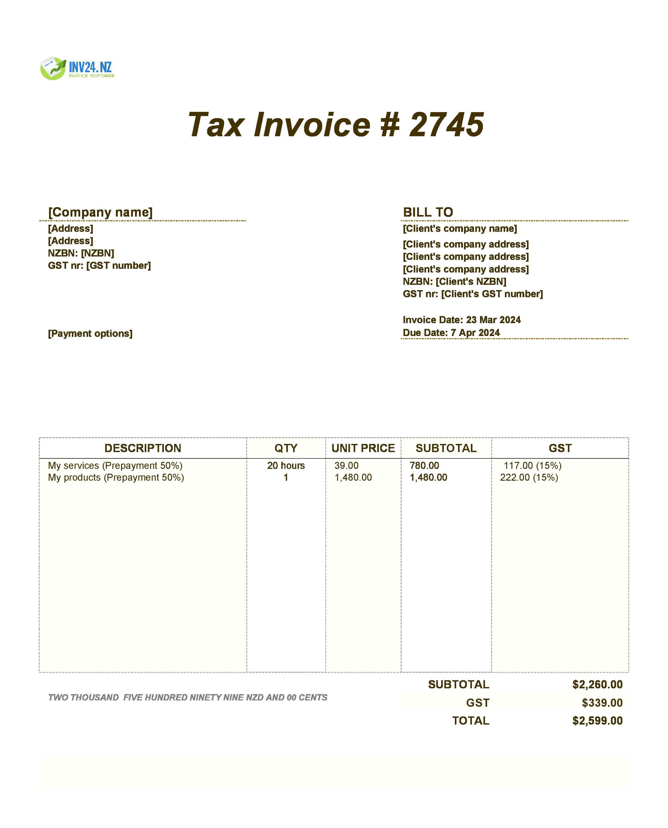 prepayment invoice example