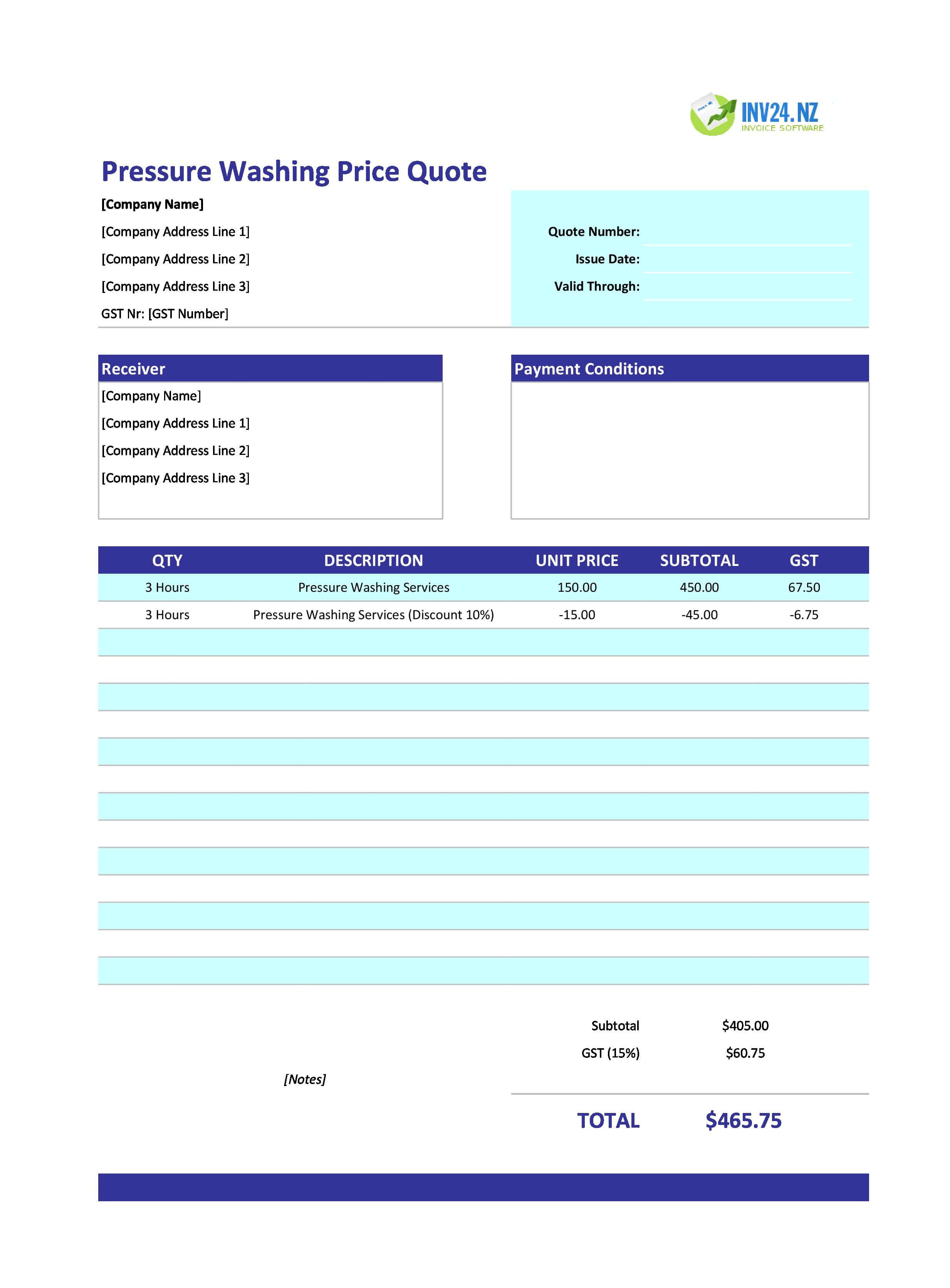 Pressure Washing Quote Template for New Zealand (Excel / Google Sheets)