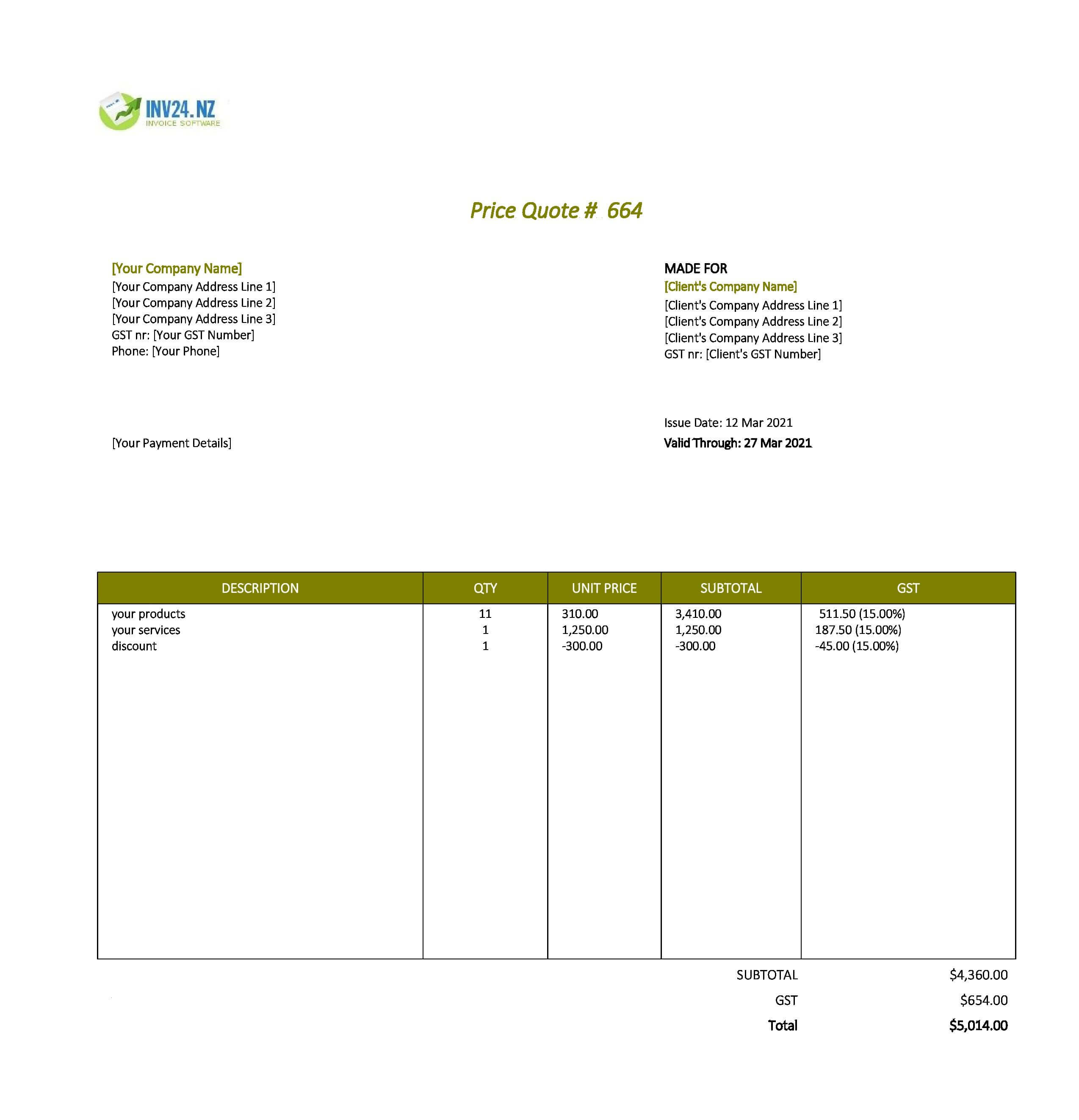 price quotation sample nz