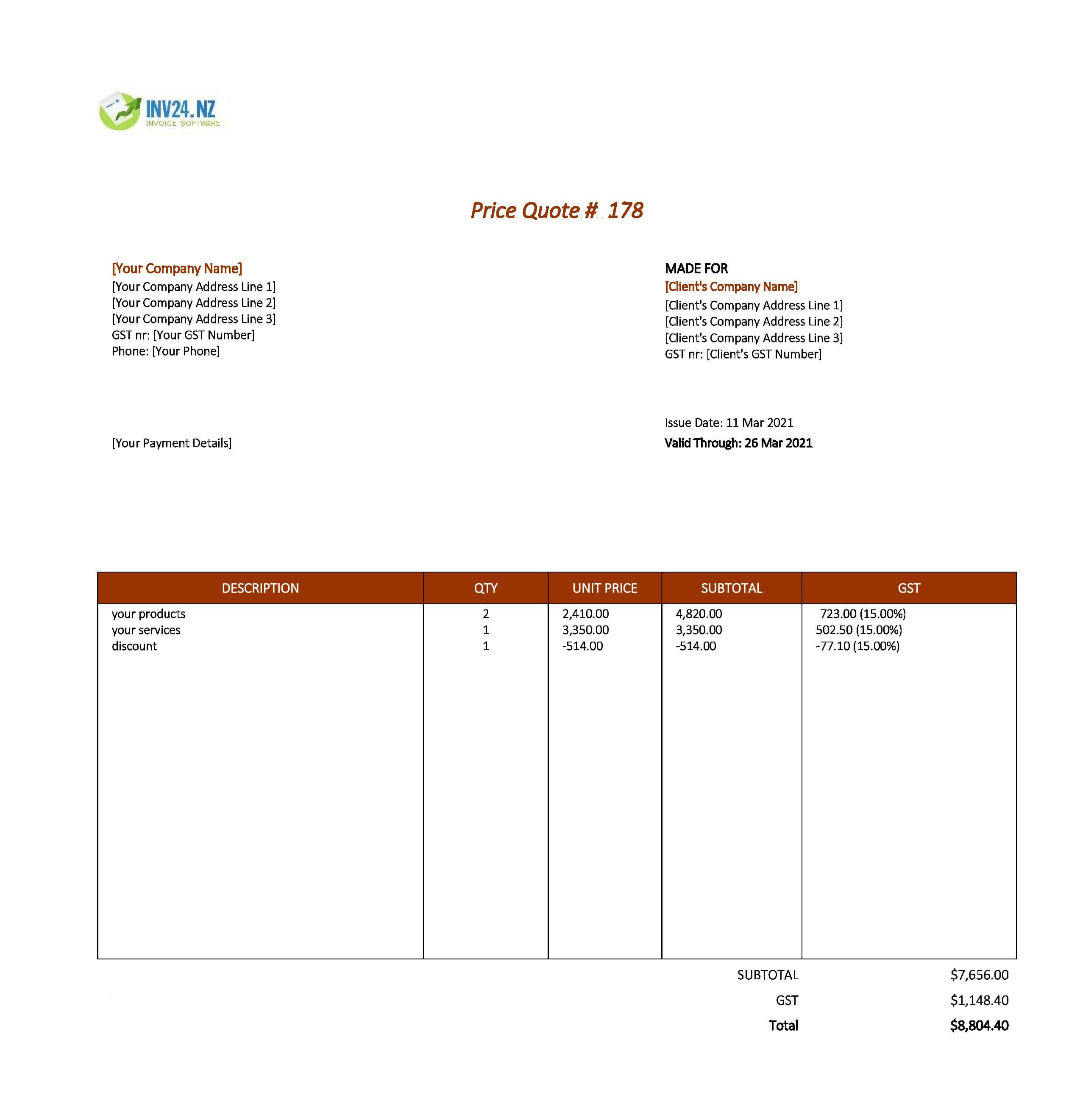 price quote template nz