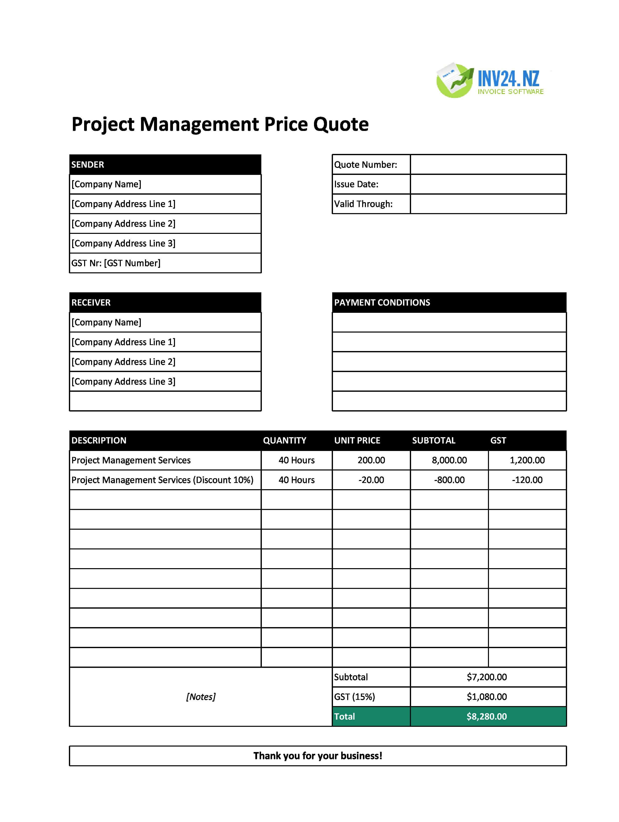 Project Management Quote Template for New Zealand (Excel / Google Sheets)