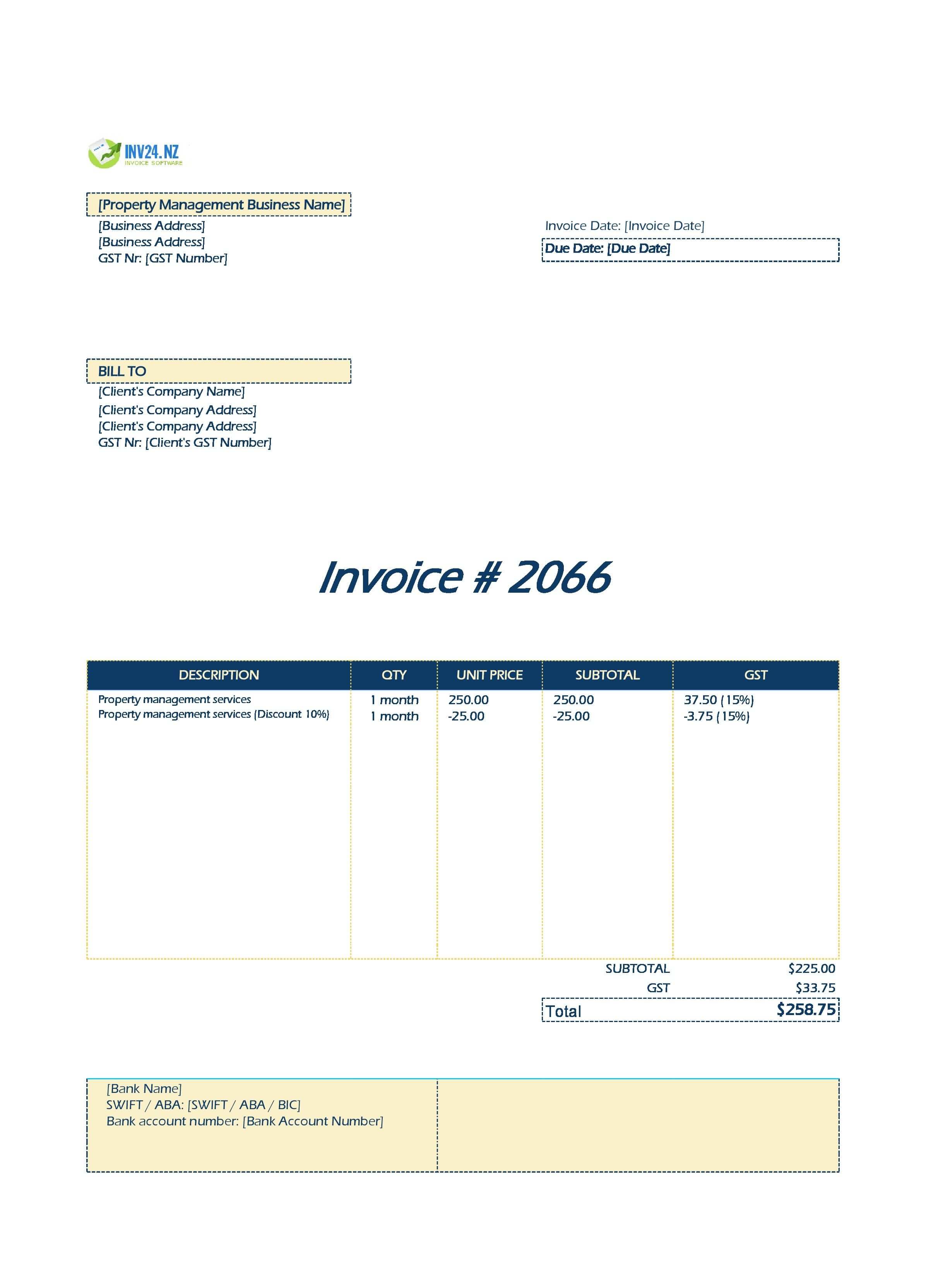 Property Management Invoice Template for New Zealand (Excel / Google Sheets)