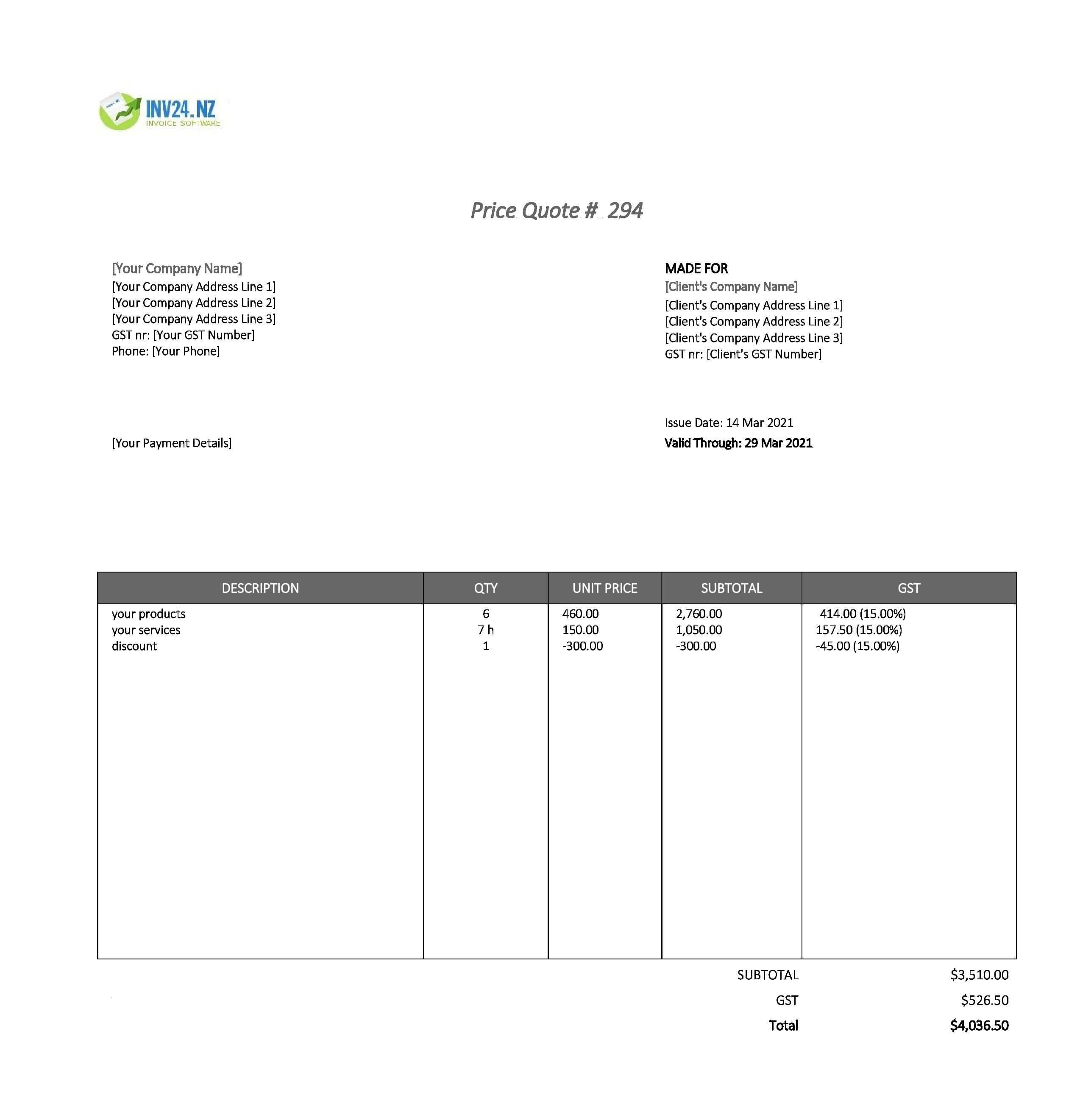 quotation bill format nz