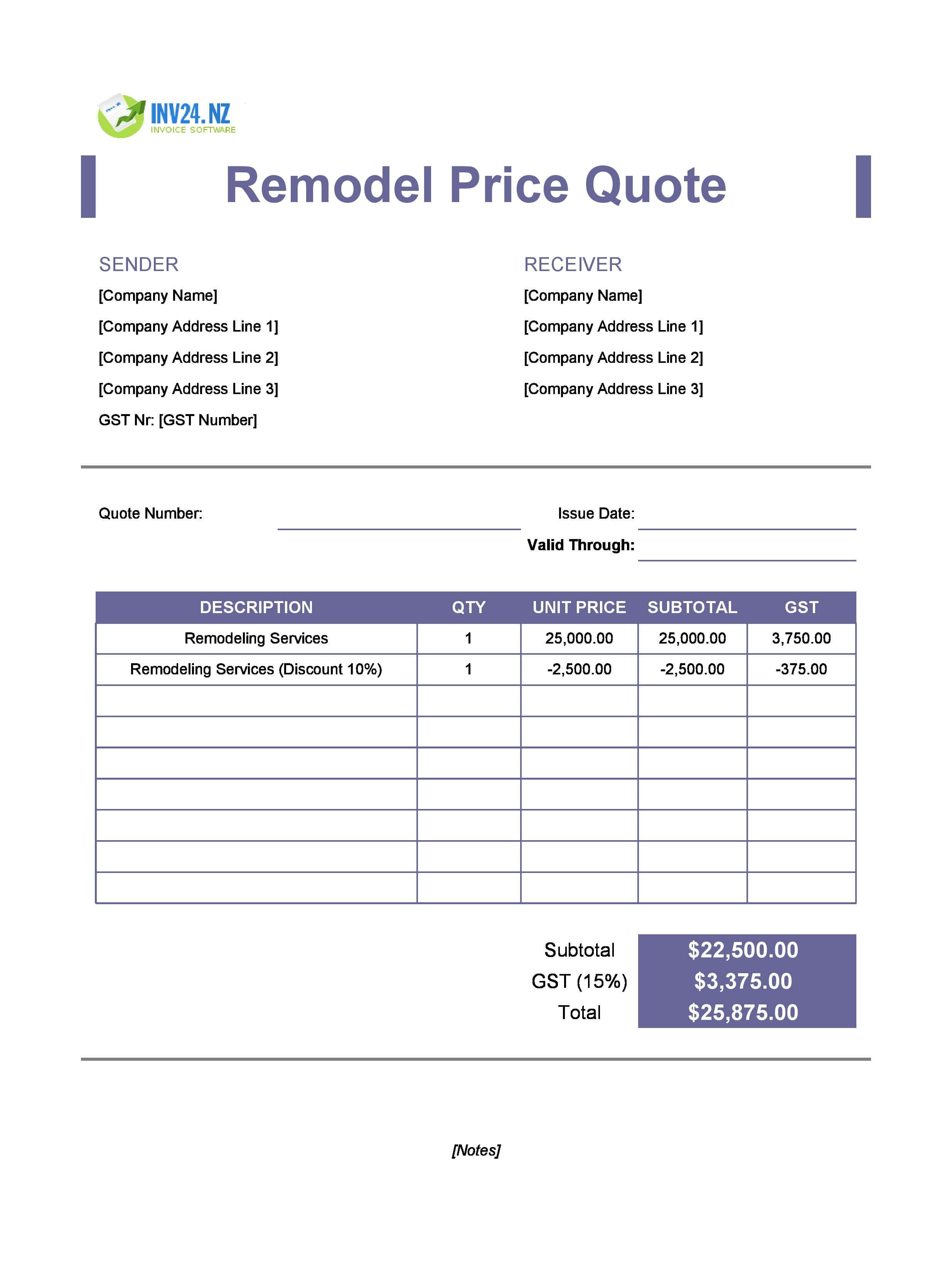 Remodeling Quote Template for New Zealand (Excel / Google Sheets)