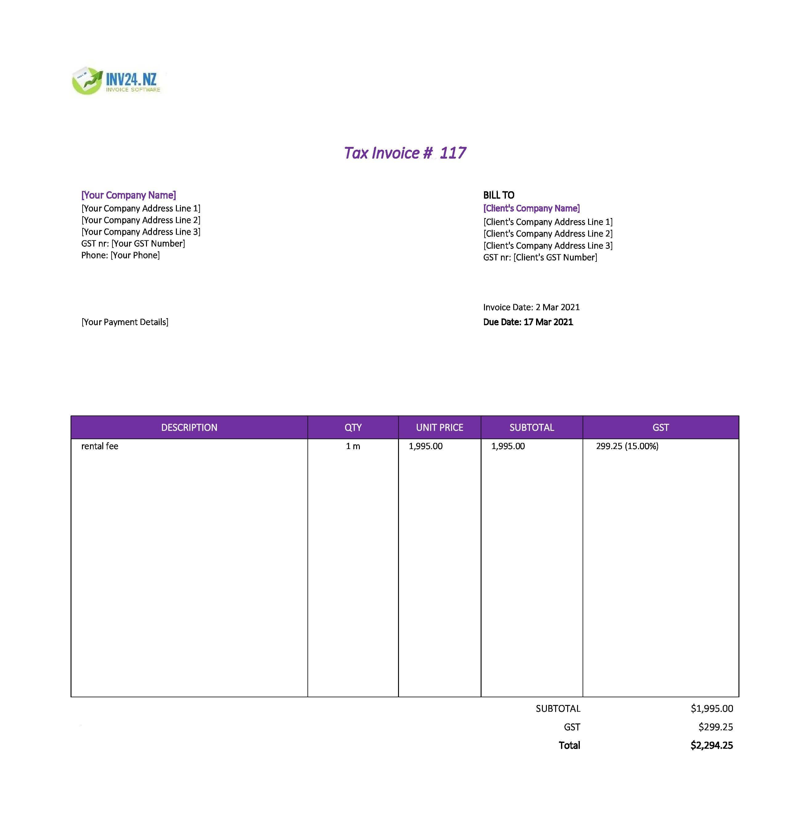 rent invoice template nz