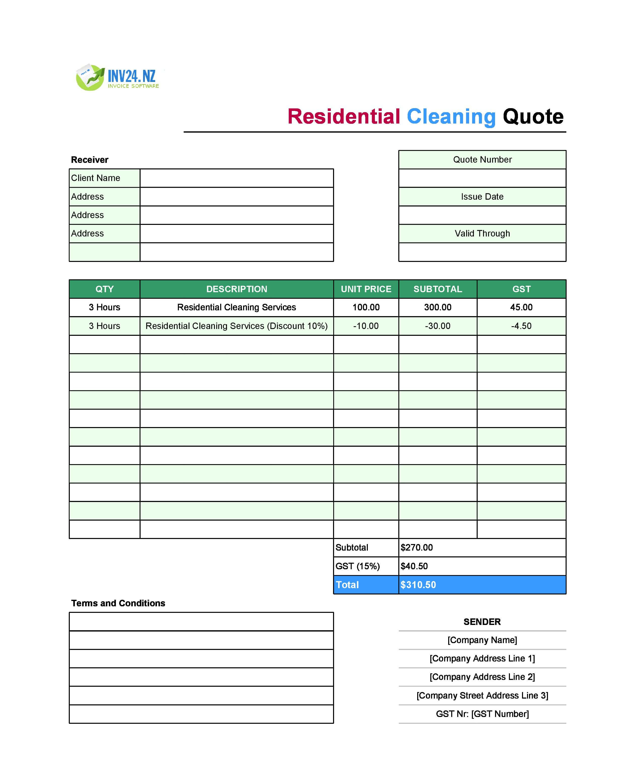 Residential Cleaning Quote Template for New Zealand (Excel / Google Sheets)