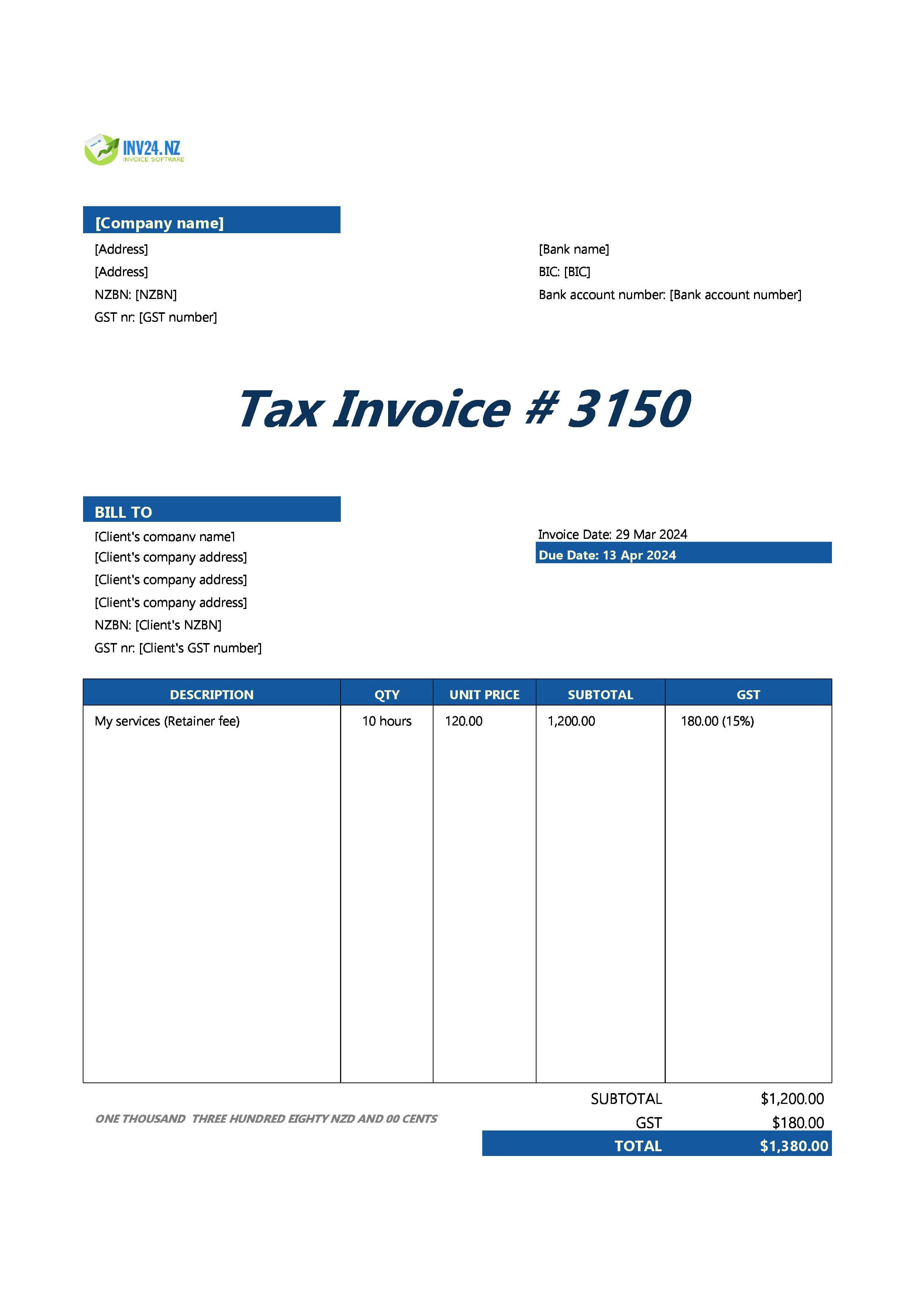 retainer invoice example