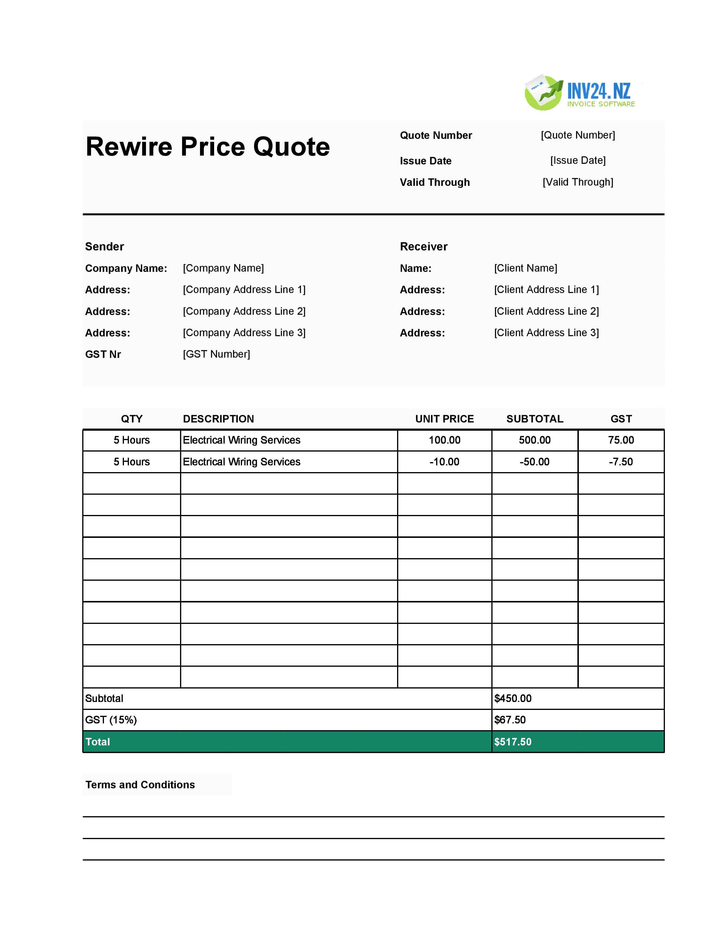 Rewire Quote Template for New Zealand (Excel / Google Sheets)