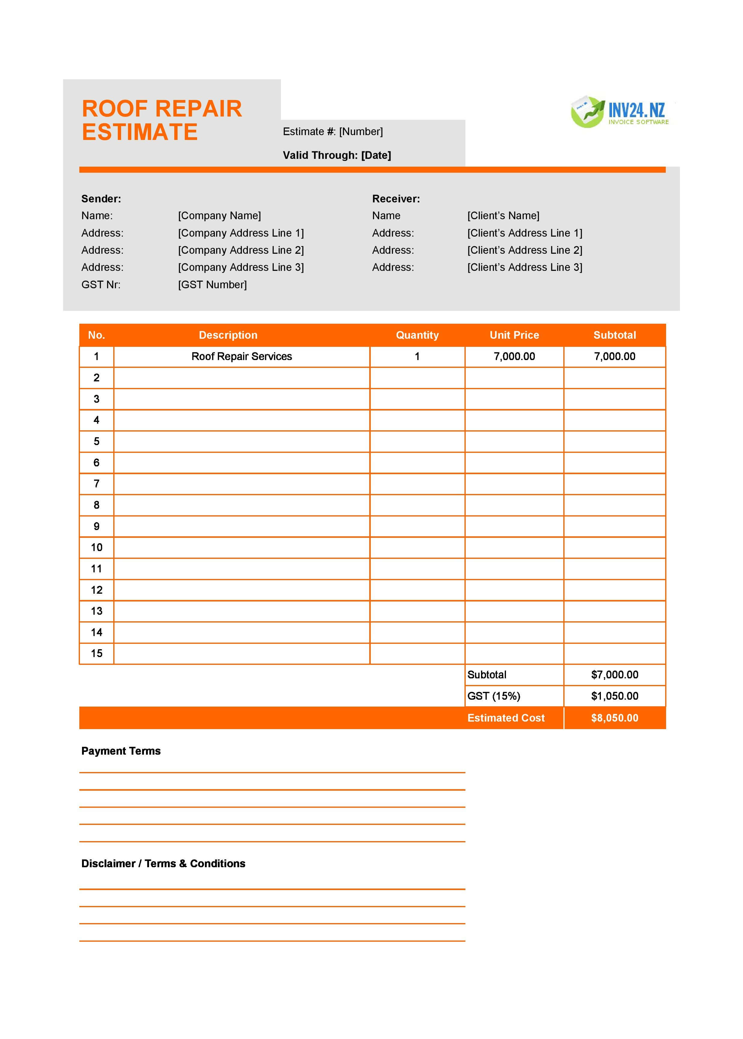 Roof Repair Estimate Template for New Zealand (Excel / Google Sheets)