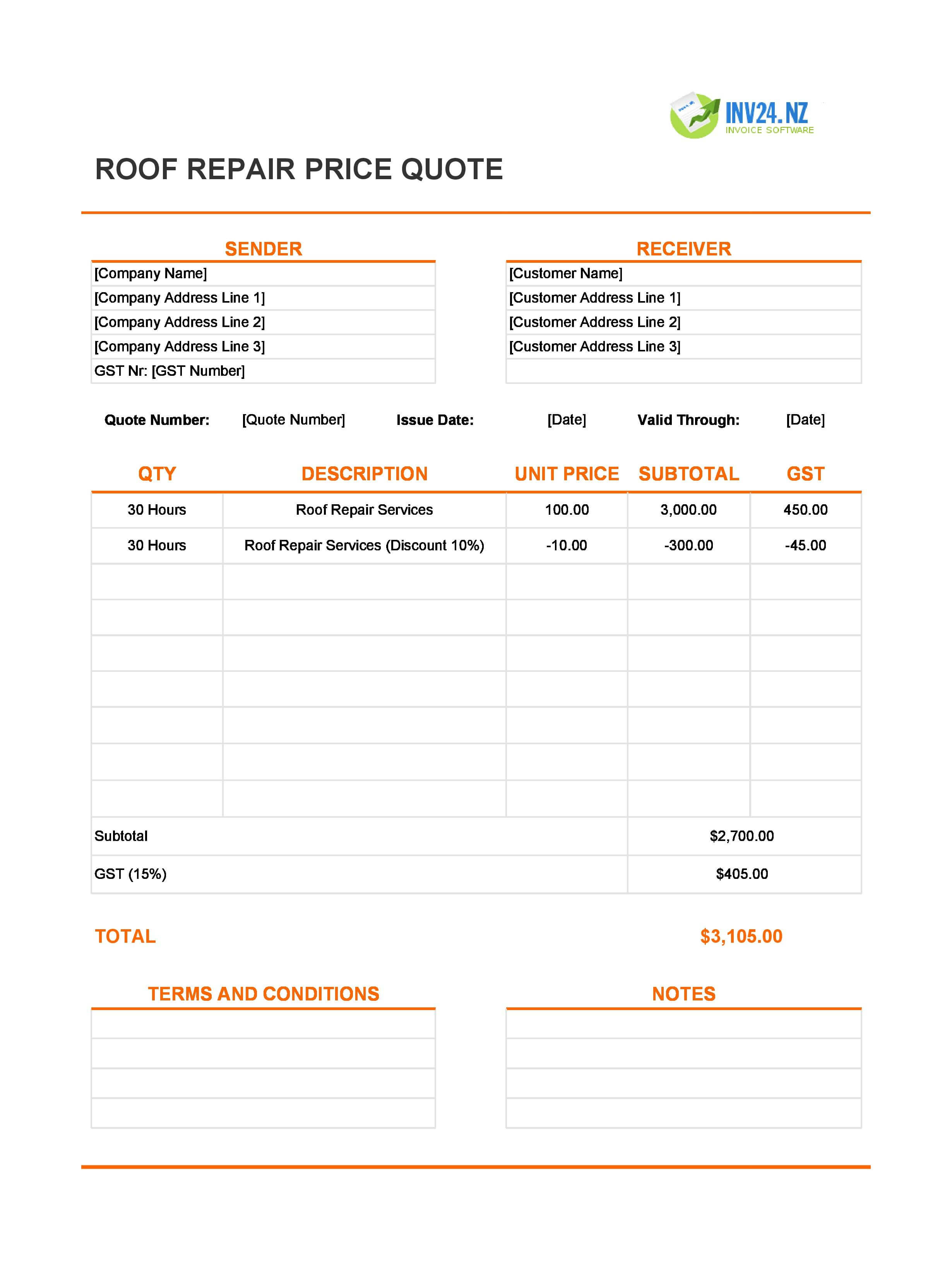 Roof Repair Quote Template for New Zealand (Excel / Google Sheets)