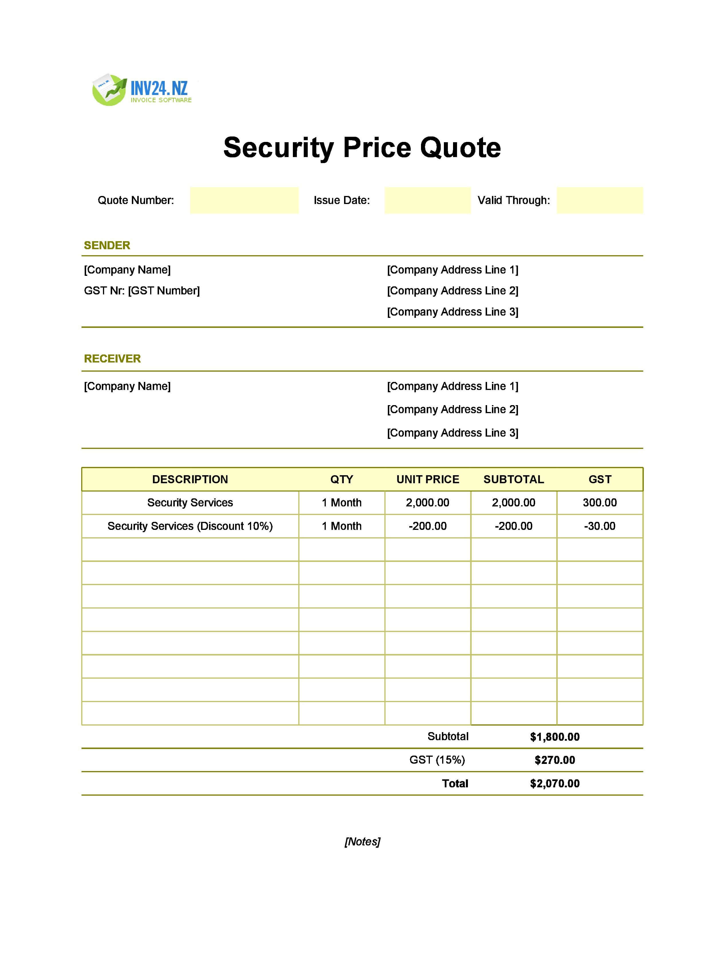 Security Quote Template for New Zealand (Excel / Google Sheets)