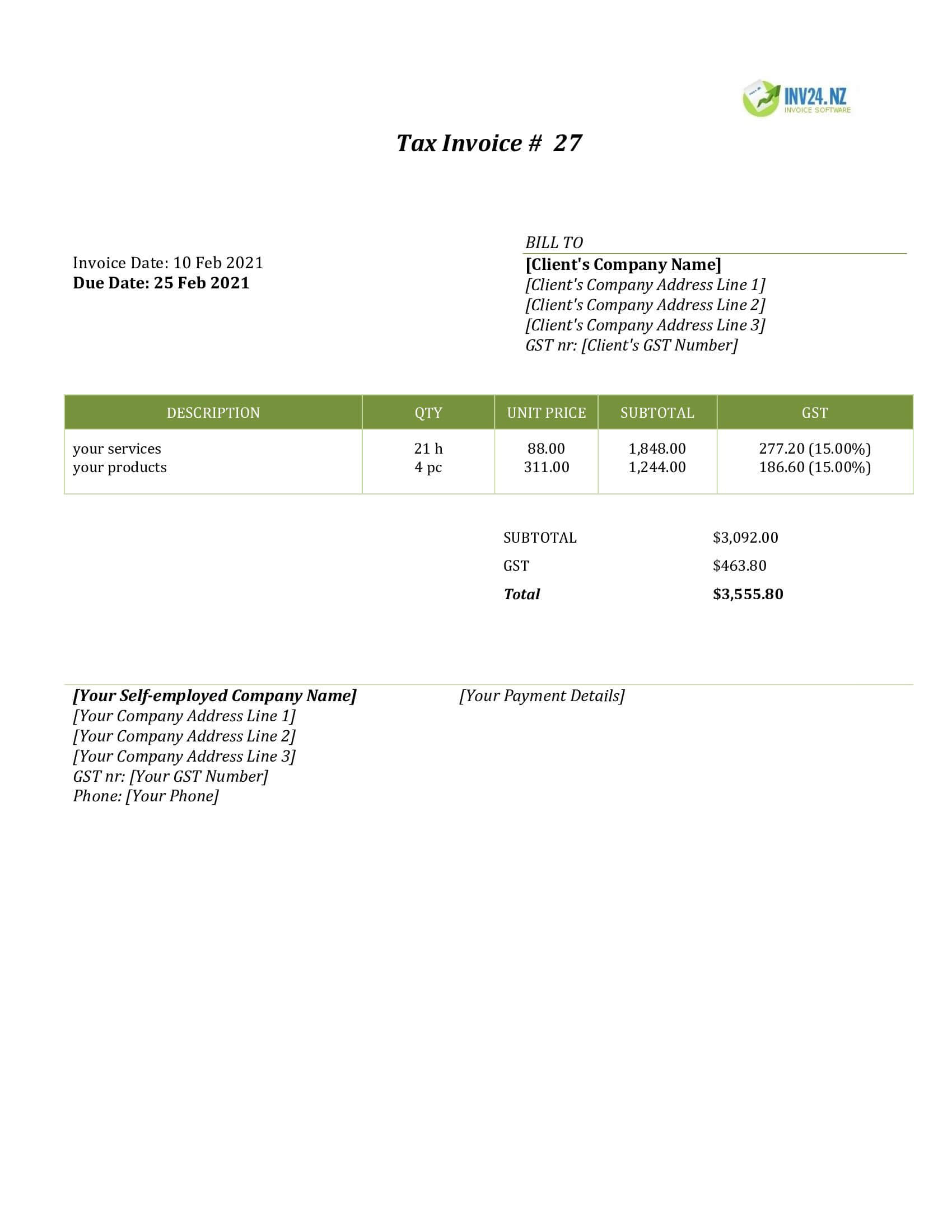 self employed invoice template nz