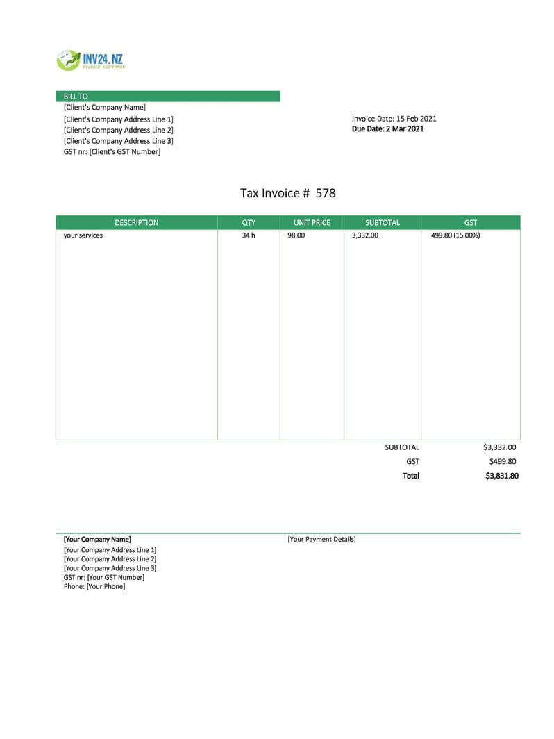 service invoice template nz excel