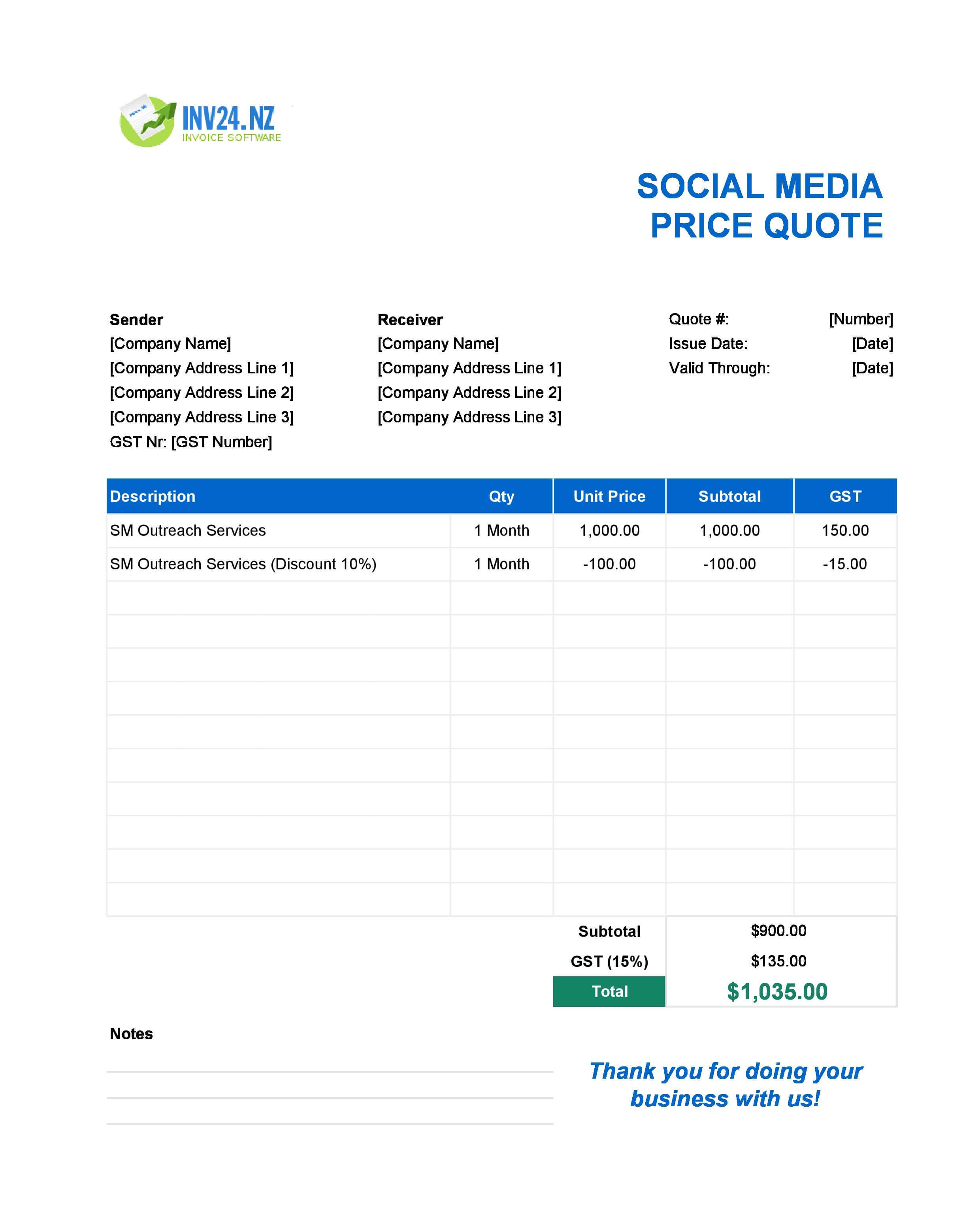 Social Media Quote Template for New Zealand (Excel / Google Sheets)