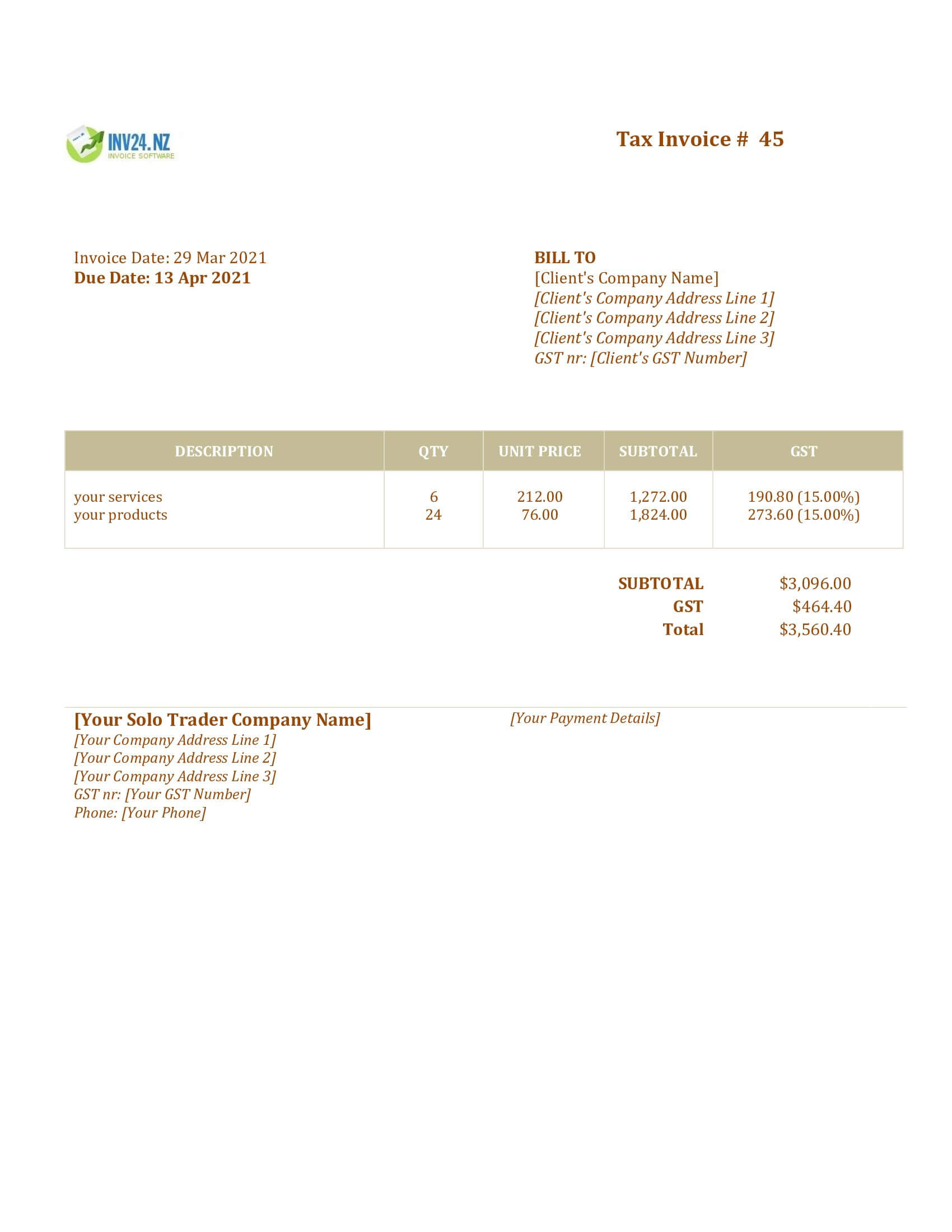 sole trader invoice template nz