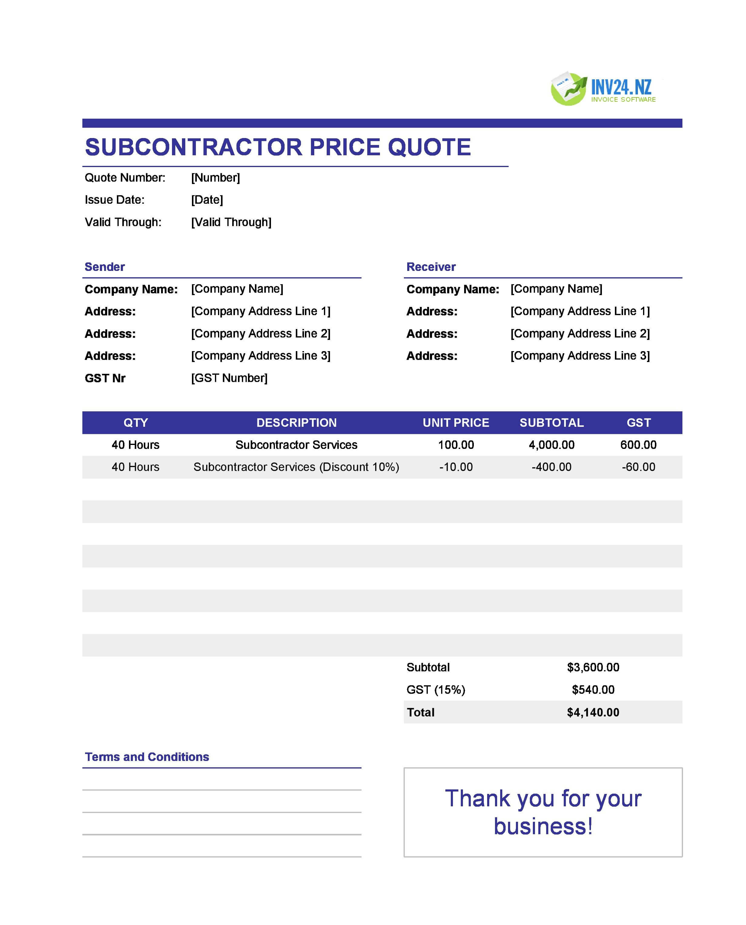 Subcontractor Quote Template for New Zealand (Excel / Google Sheets)
