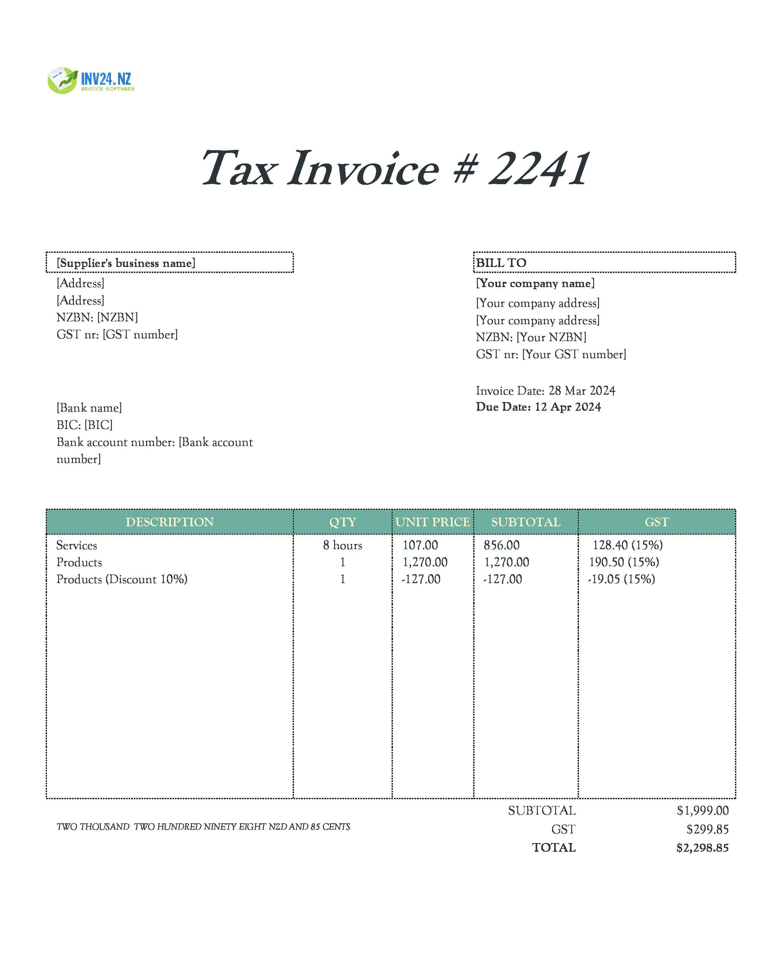 supplier invoice sample