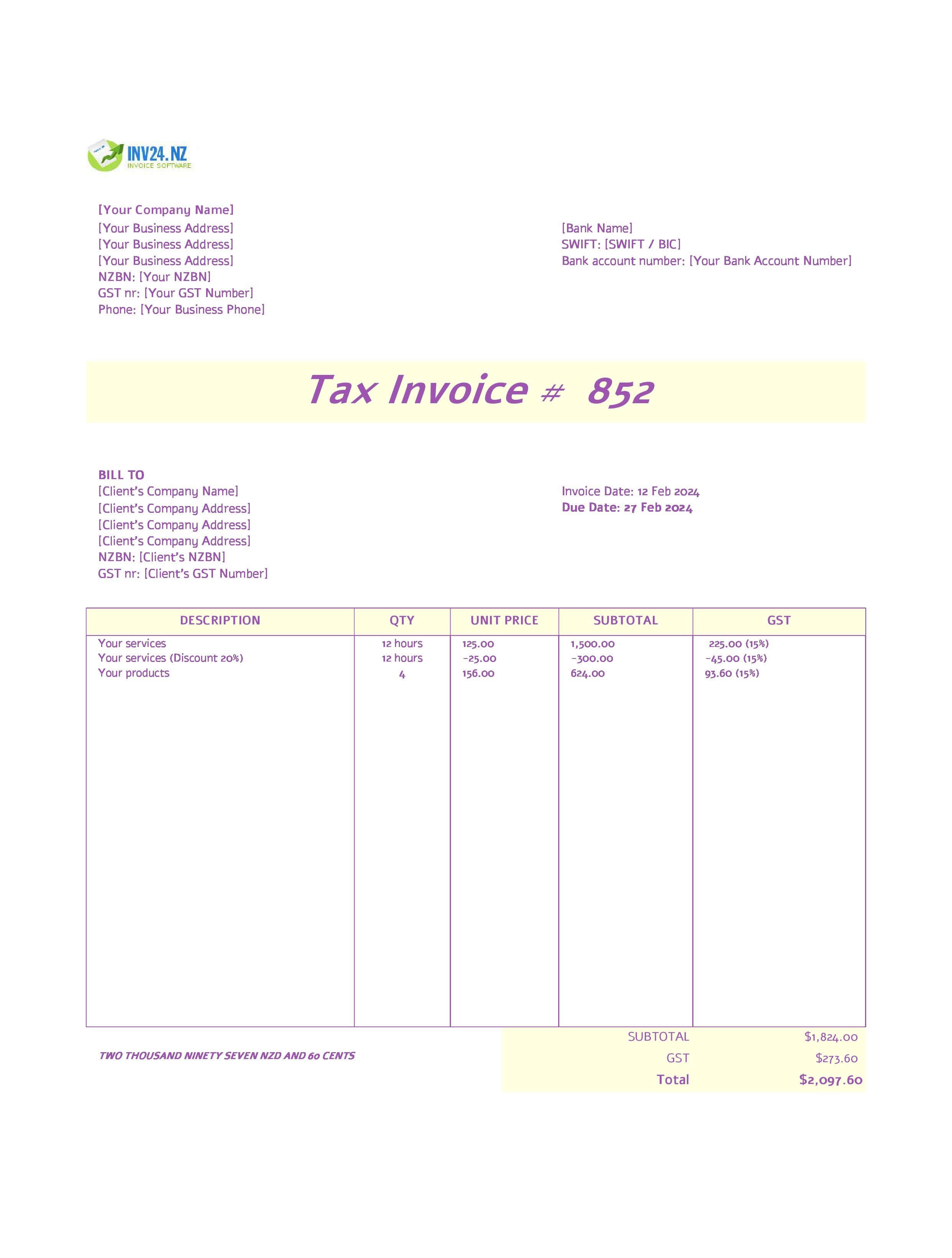 Tax Invoice Template Excel NZ (Excel / Google Sheets)