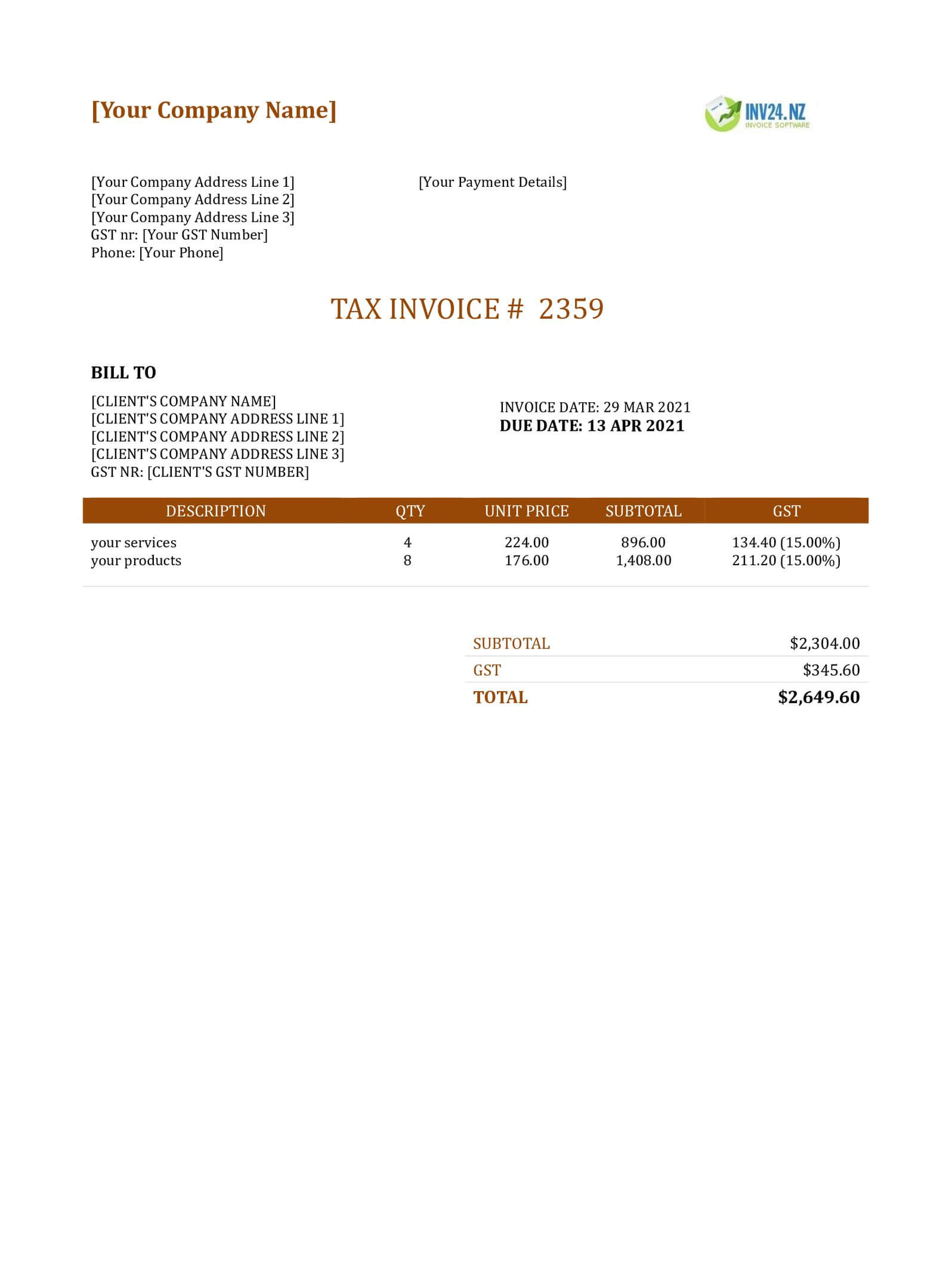 Invoice Template New Zealand