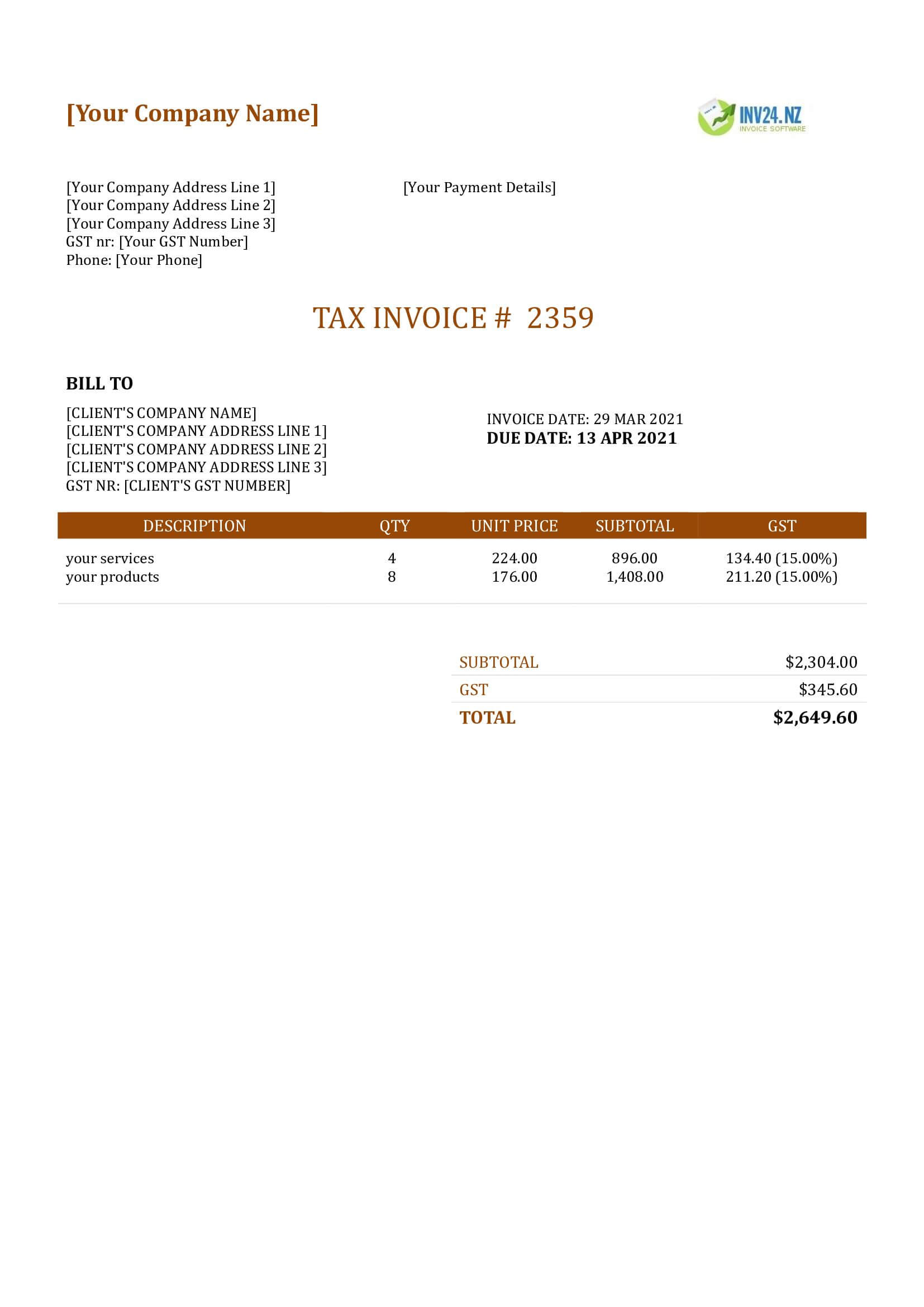 tax invoice template nz