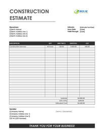 construction estimate template new zealand