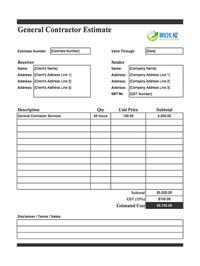 general contractor estimate template new zealand
