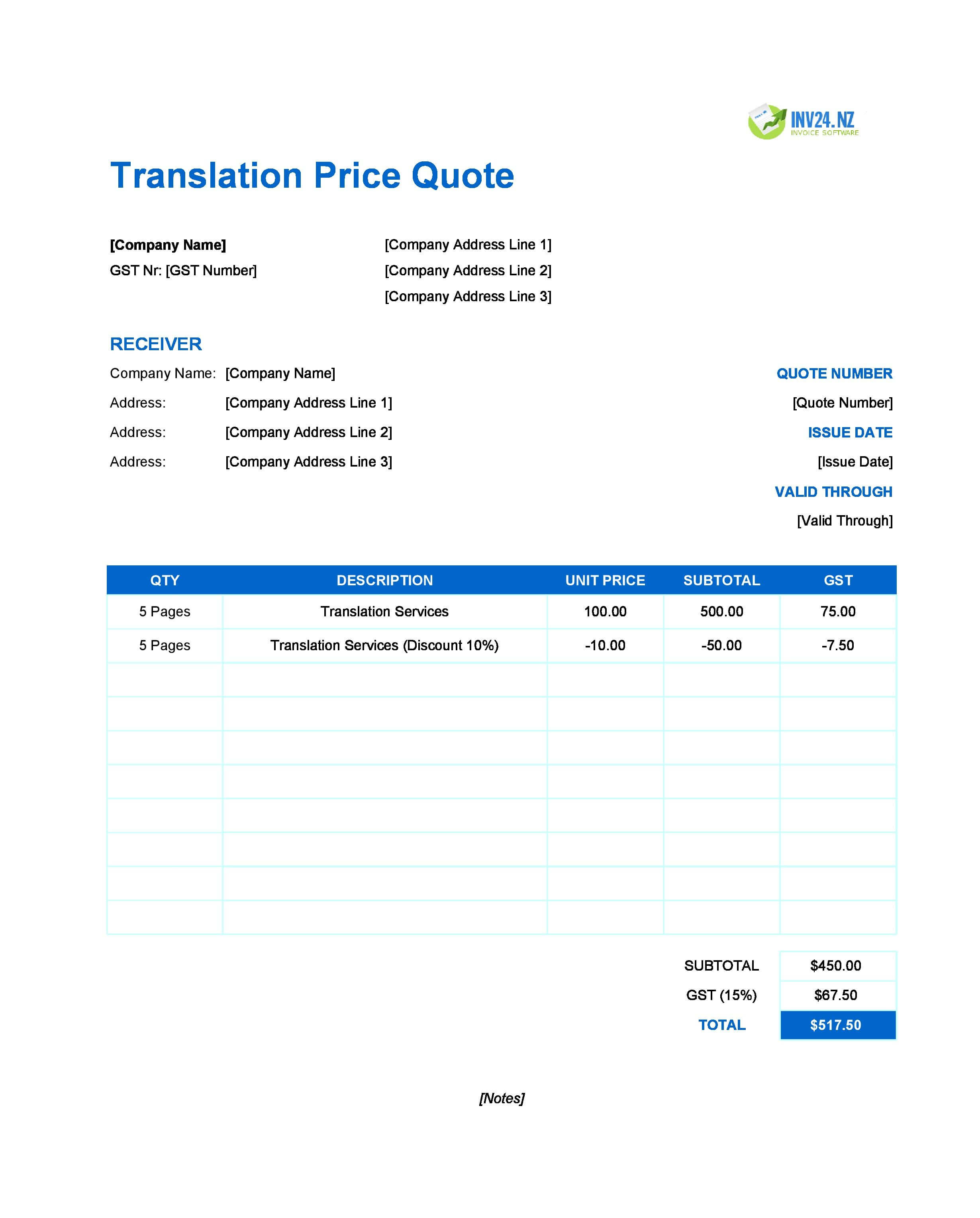 Translation Quote Template for New Zealand (Excel / Google Sheets)