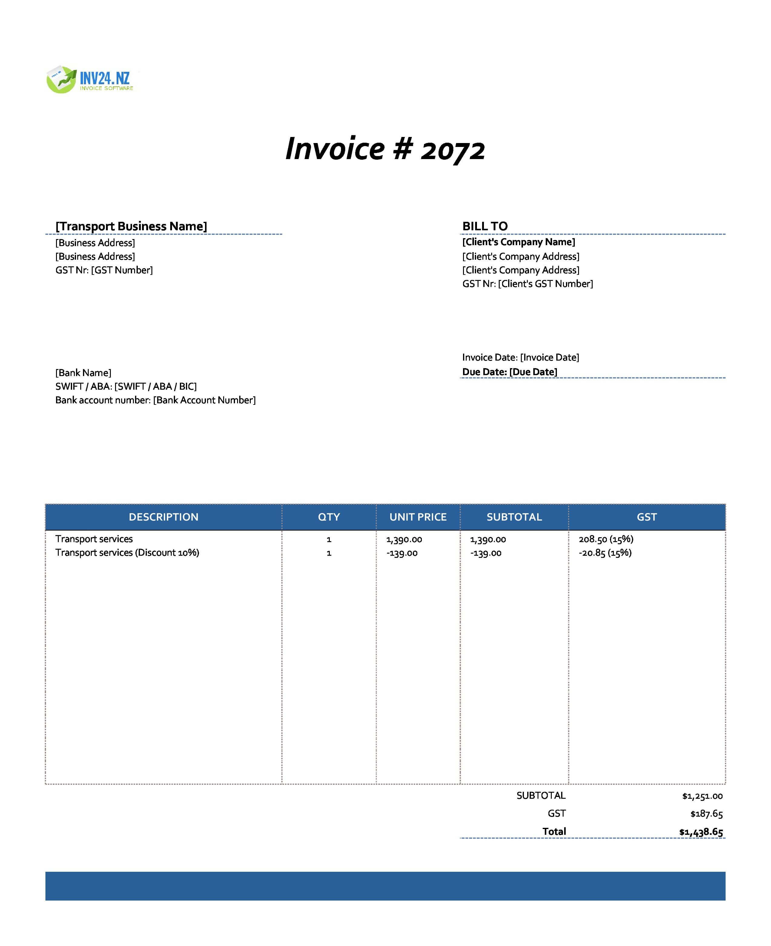 Transport Invoice Template for New Zealand (Excel / Google Sheets)