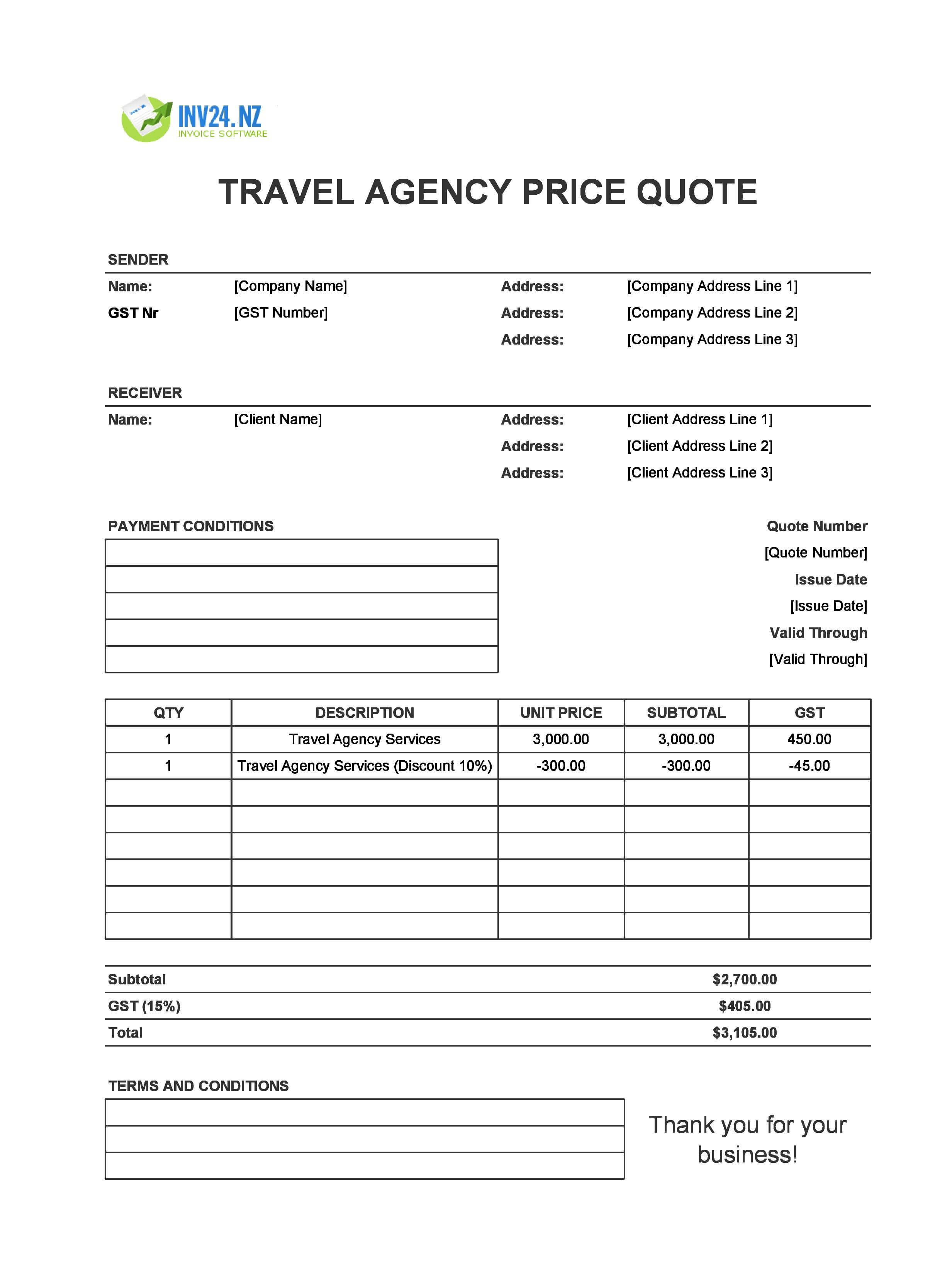 Travel Agency Quote Template for New Zealand (Excel / Google Sheets)