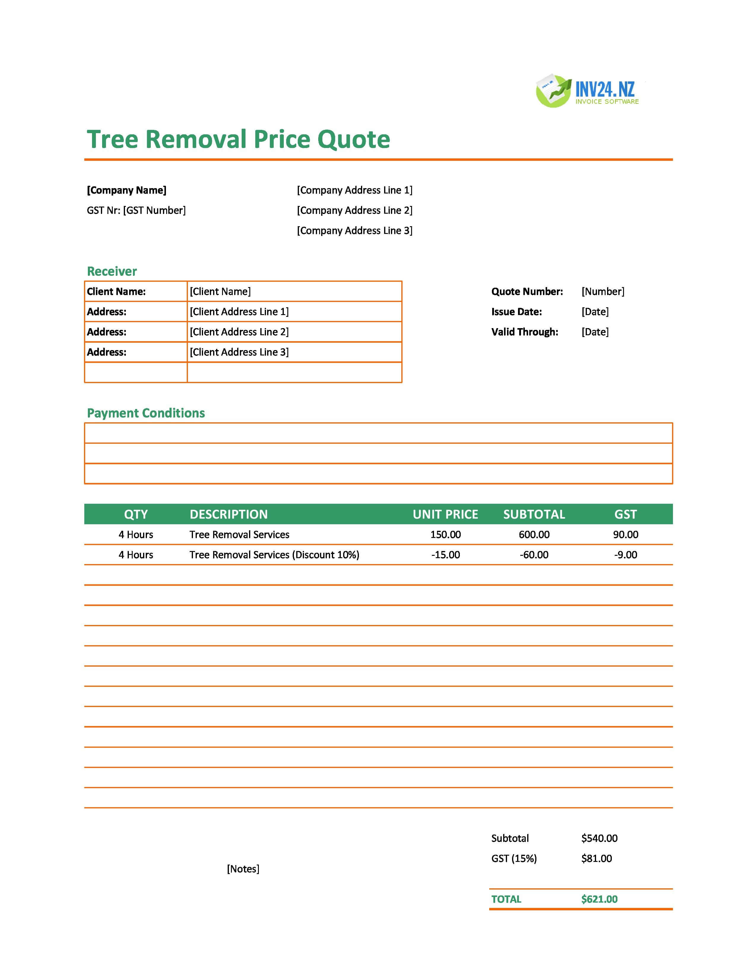 Tree Removal Quote Template for New Zealand (Excel / Google Sheets)