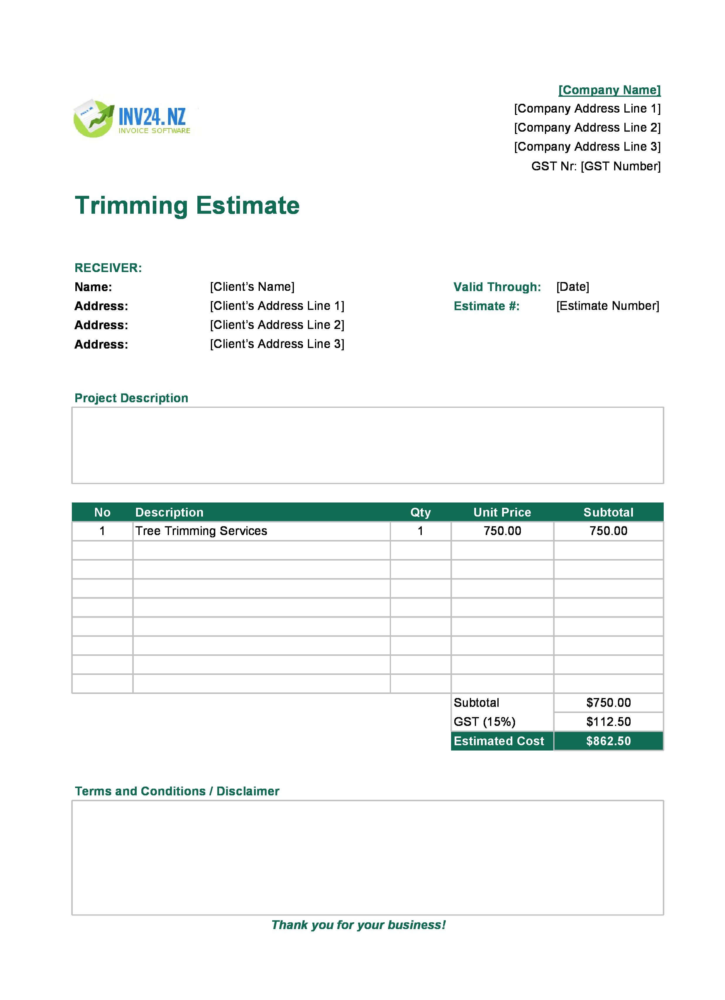 Trimming Estimate Template for New Zealand (Excel / Google Sheets)