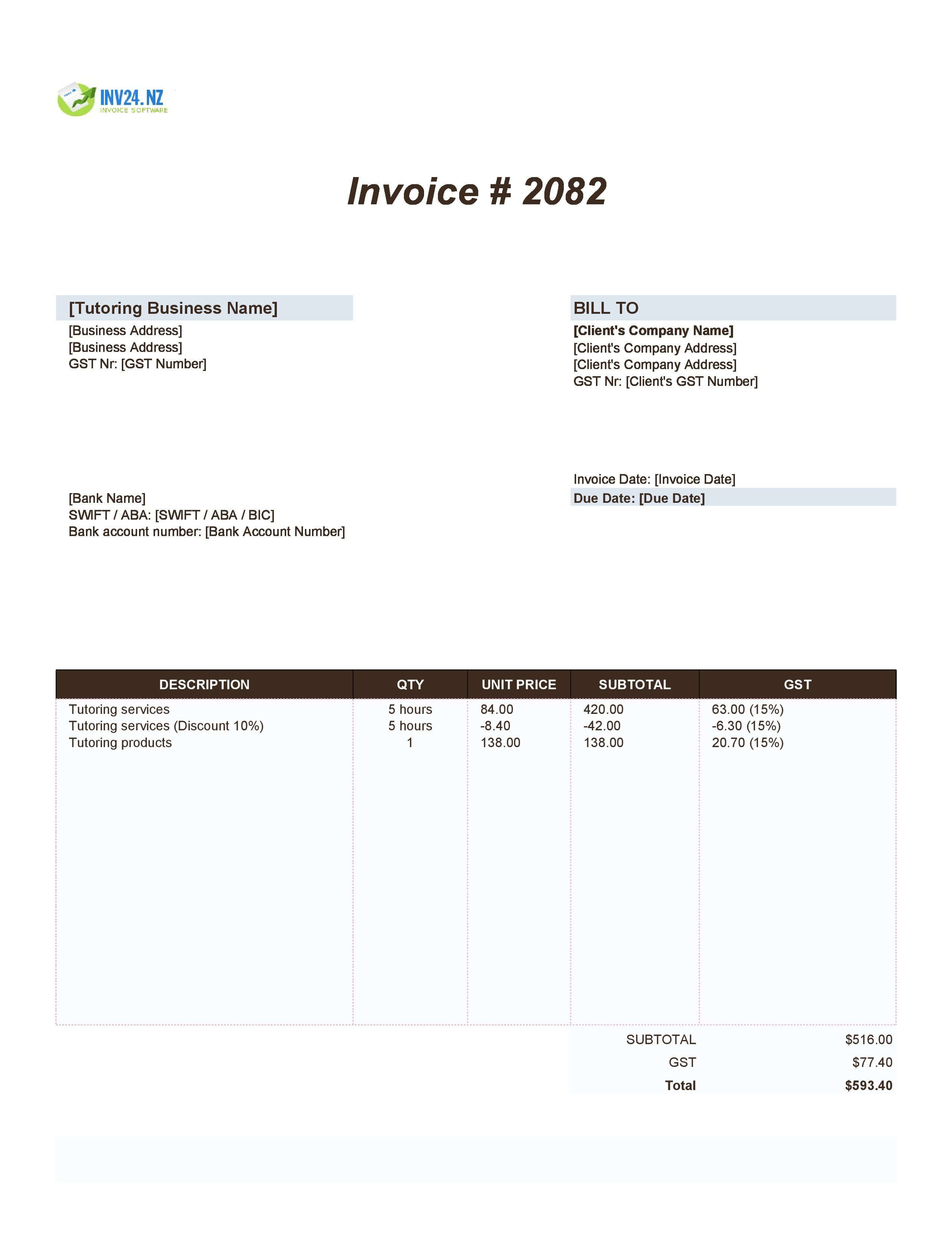 Tutoring Invoice Template for New Zealand (Excel / Google Sheets)