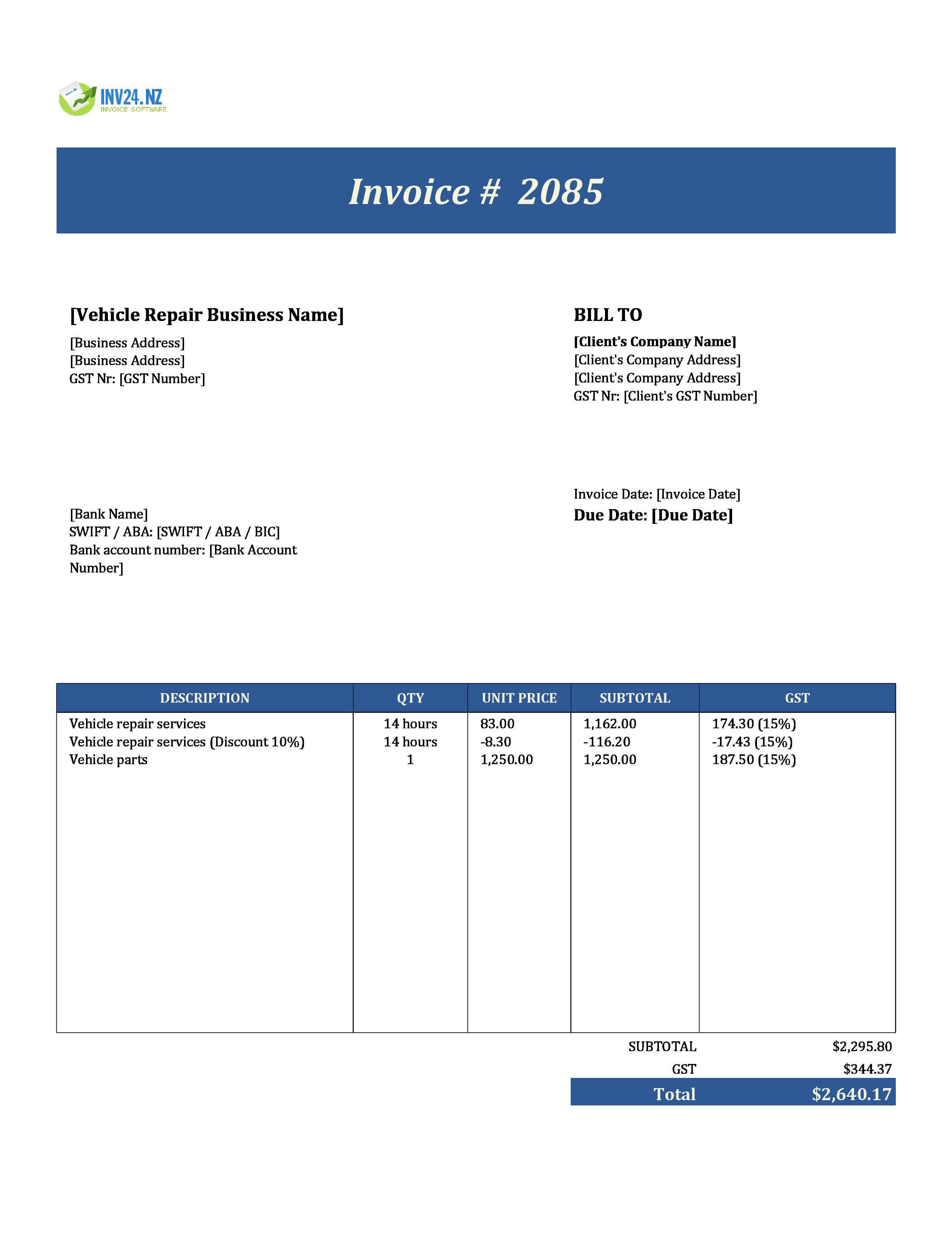 Vehicle Repair Invoice Template for New Zealand (Excel / Google Sheets)
