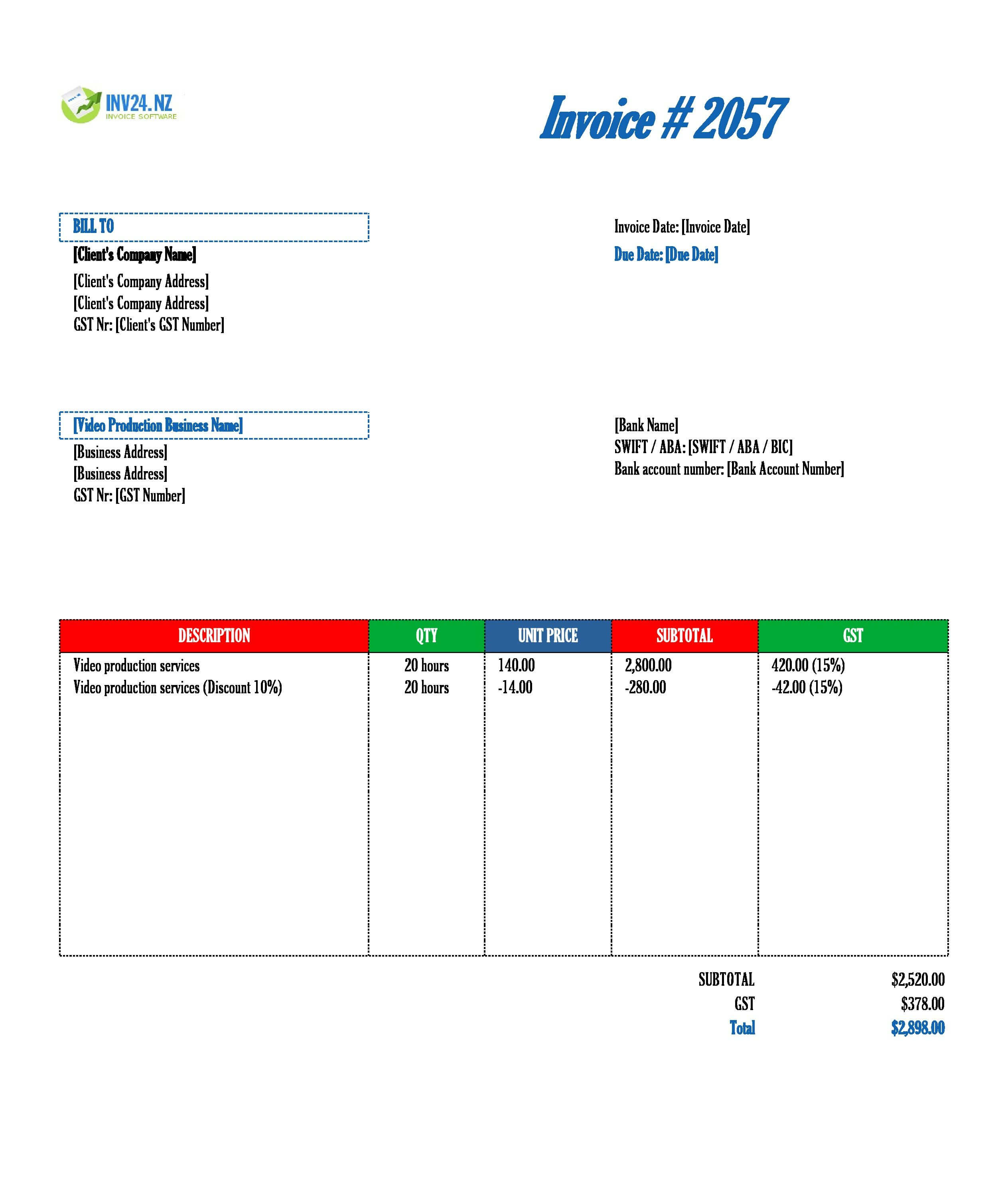 Video Production Invoice Template for New Zealand (Excel / Google Sheets)
