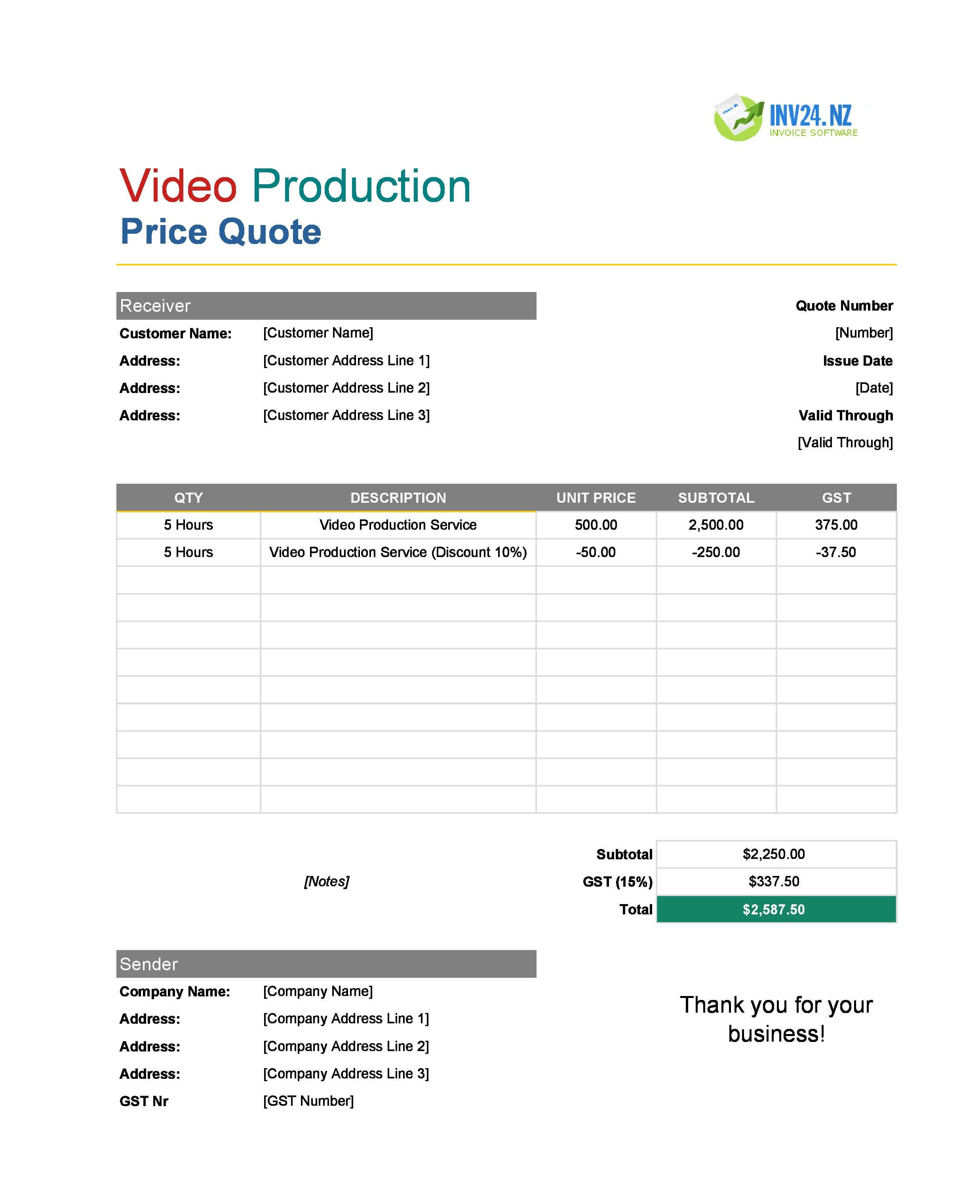 Video Production Quote Template for New Zealand (Excel / Google Sheets)