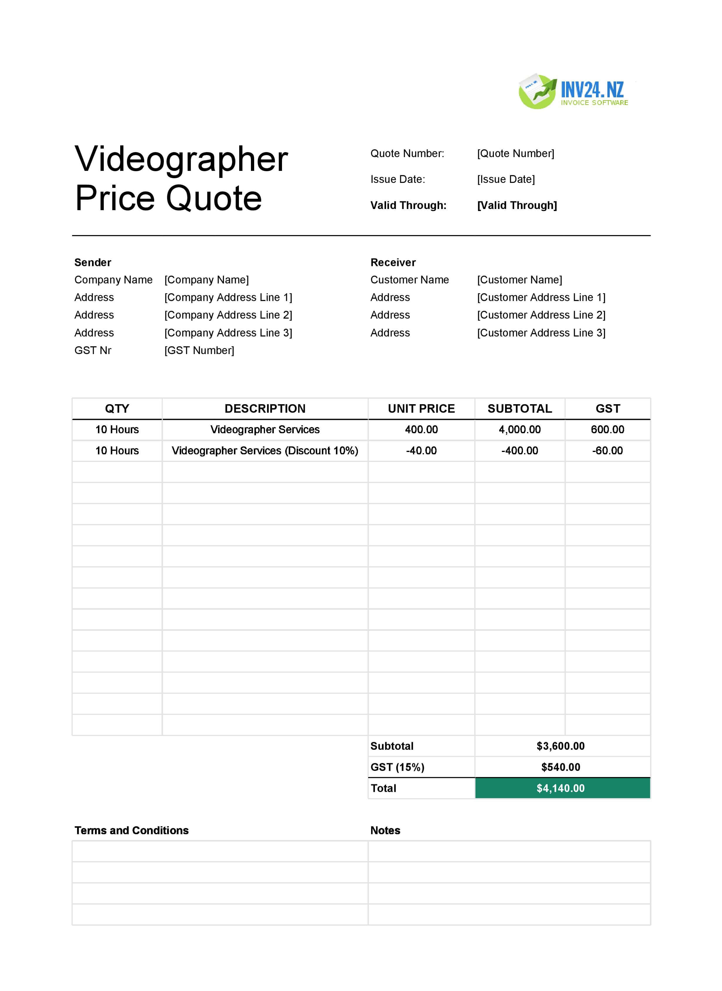 Videographer Quote Template for New Zealand (Excel / Google Sheets)