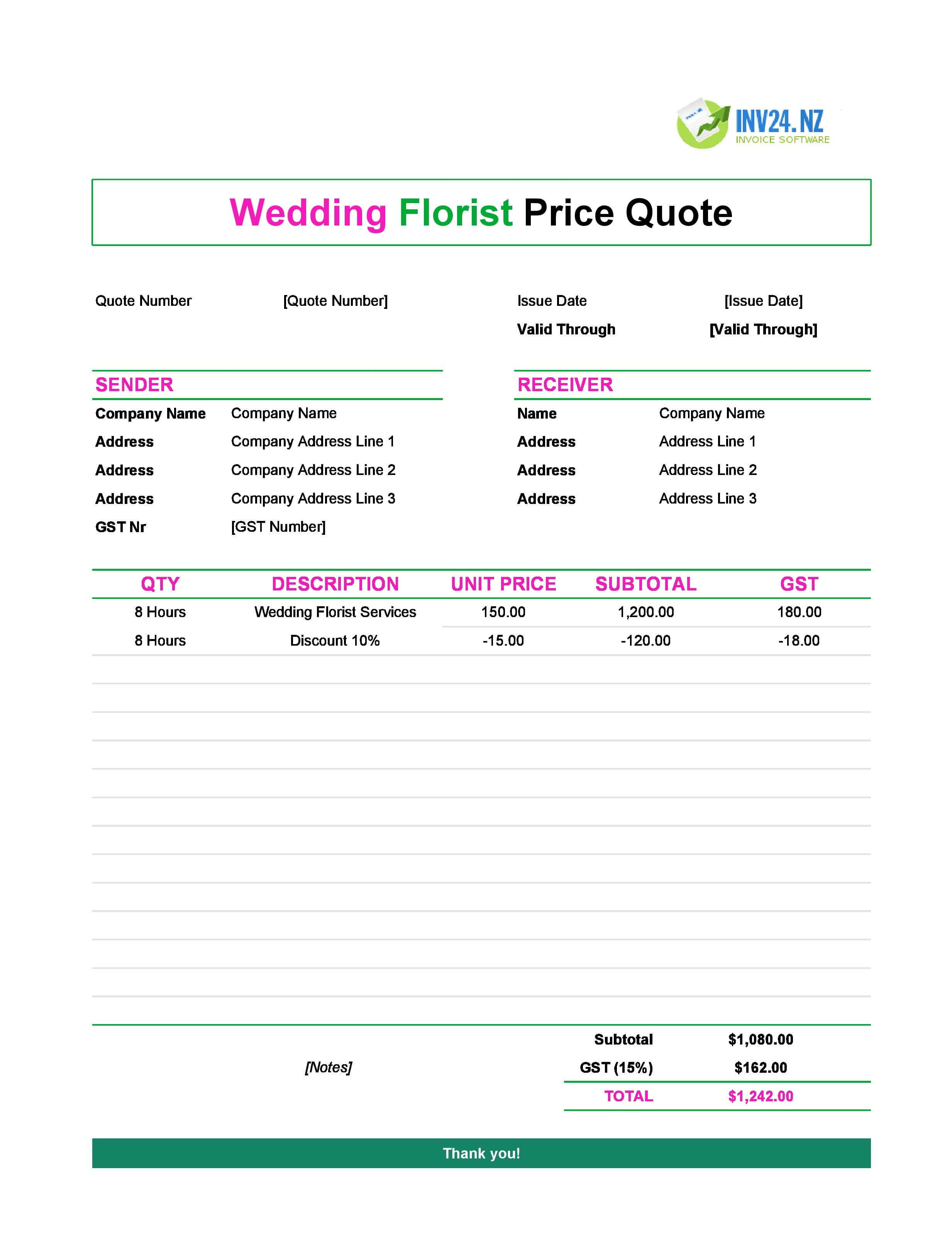 Wedding Florist Quote Template for New Zealand (Excel / Google Sheets)