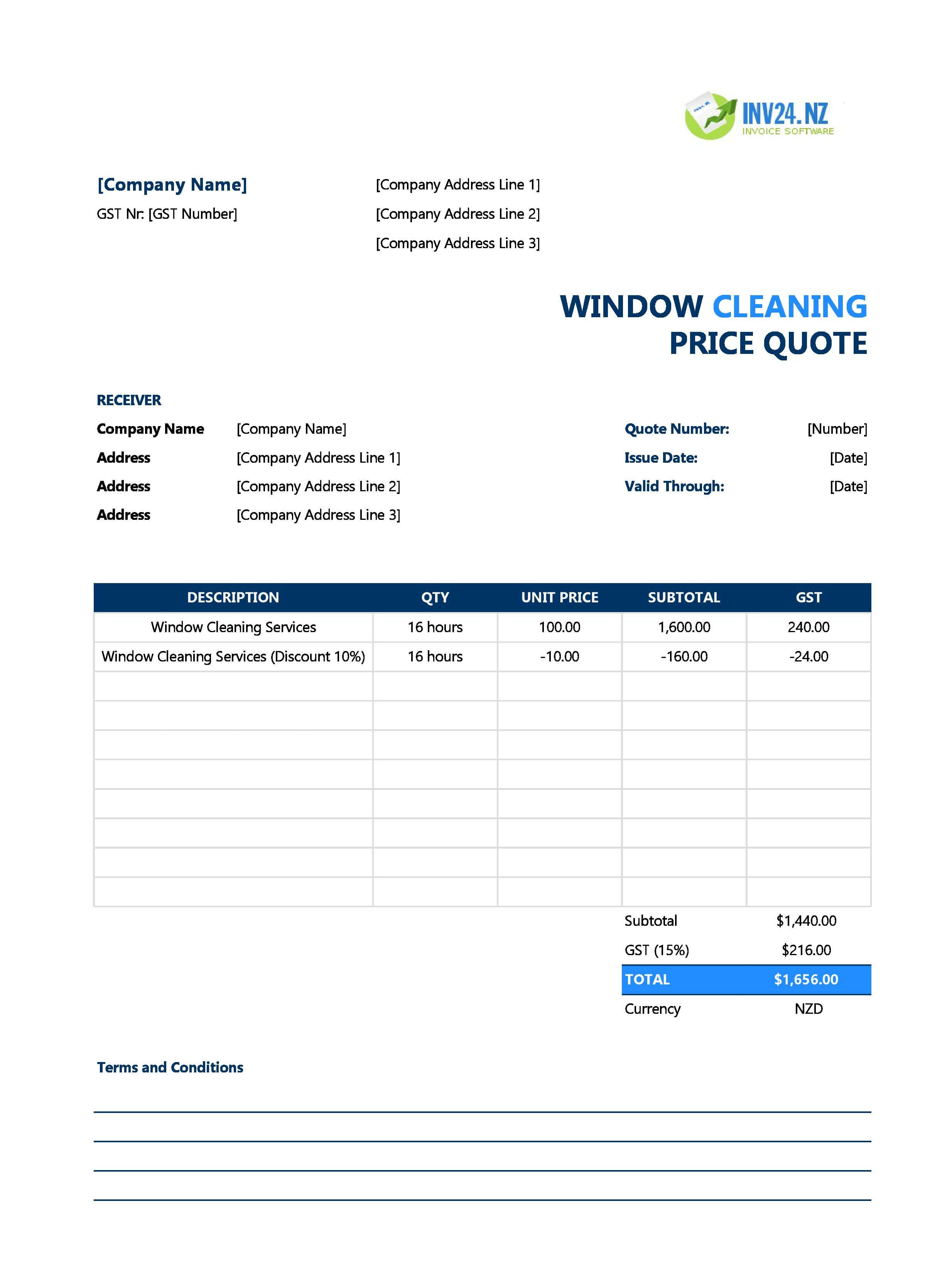Window Cleaning Quote Template for New Zealand (Excel / Google Sheets)