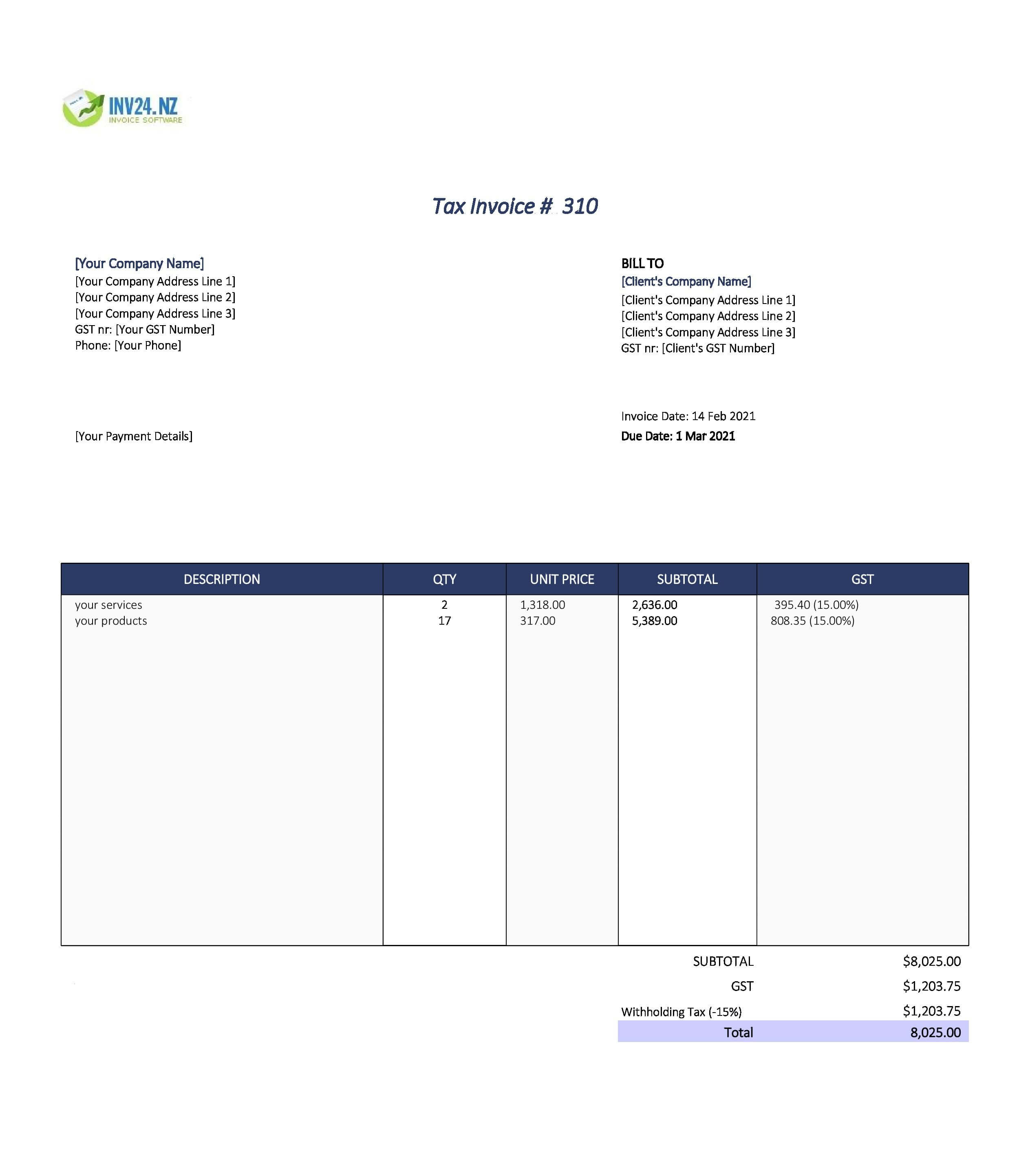 withholding tax invoice template nz