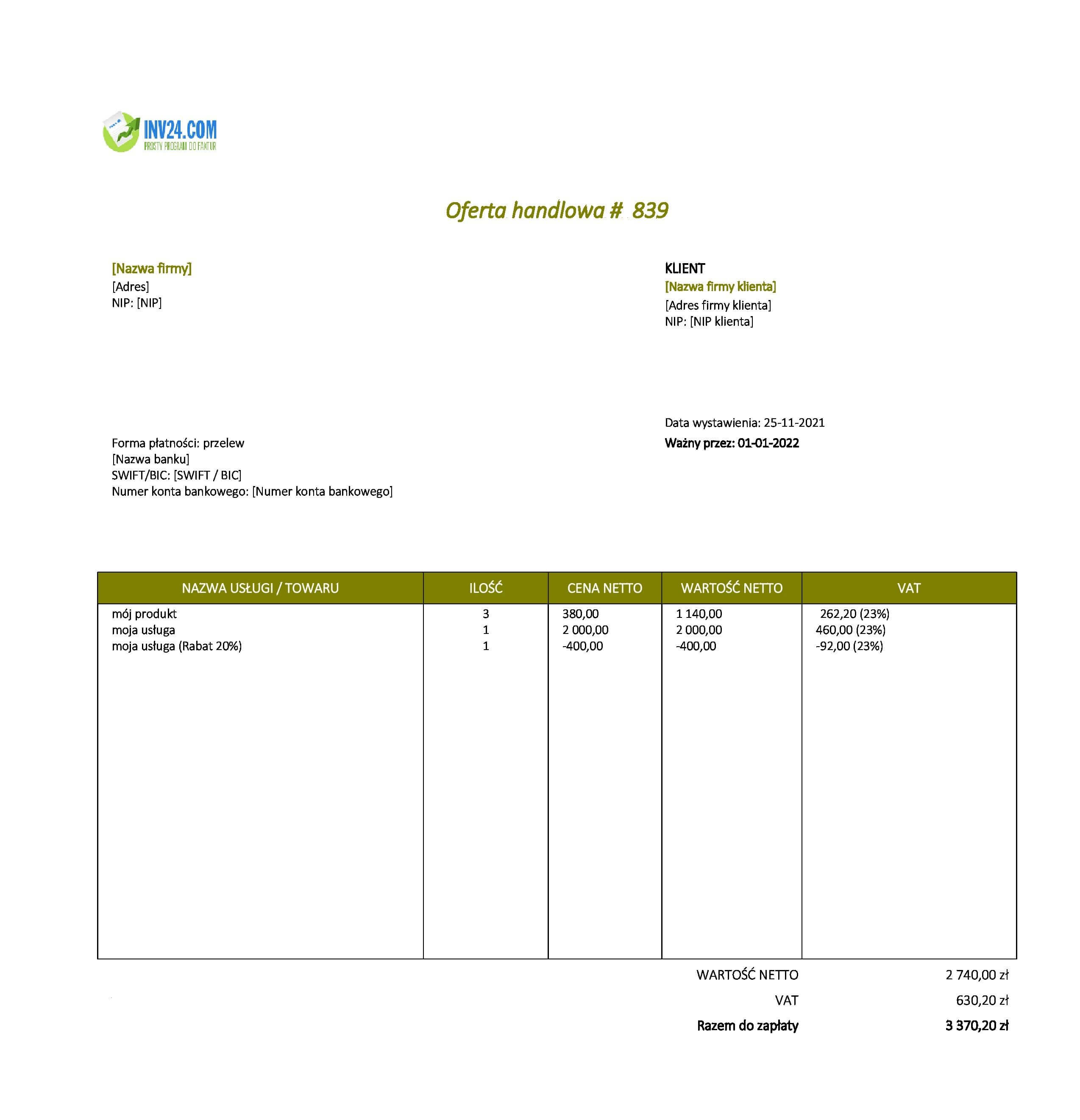 co powinna zawierać oferta handlowa wzór (Excel / Google Sheets)