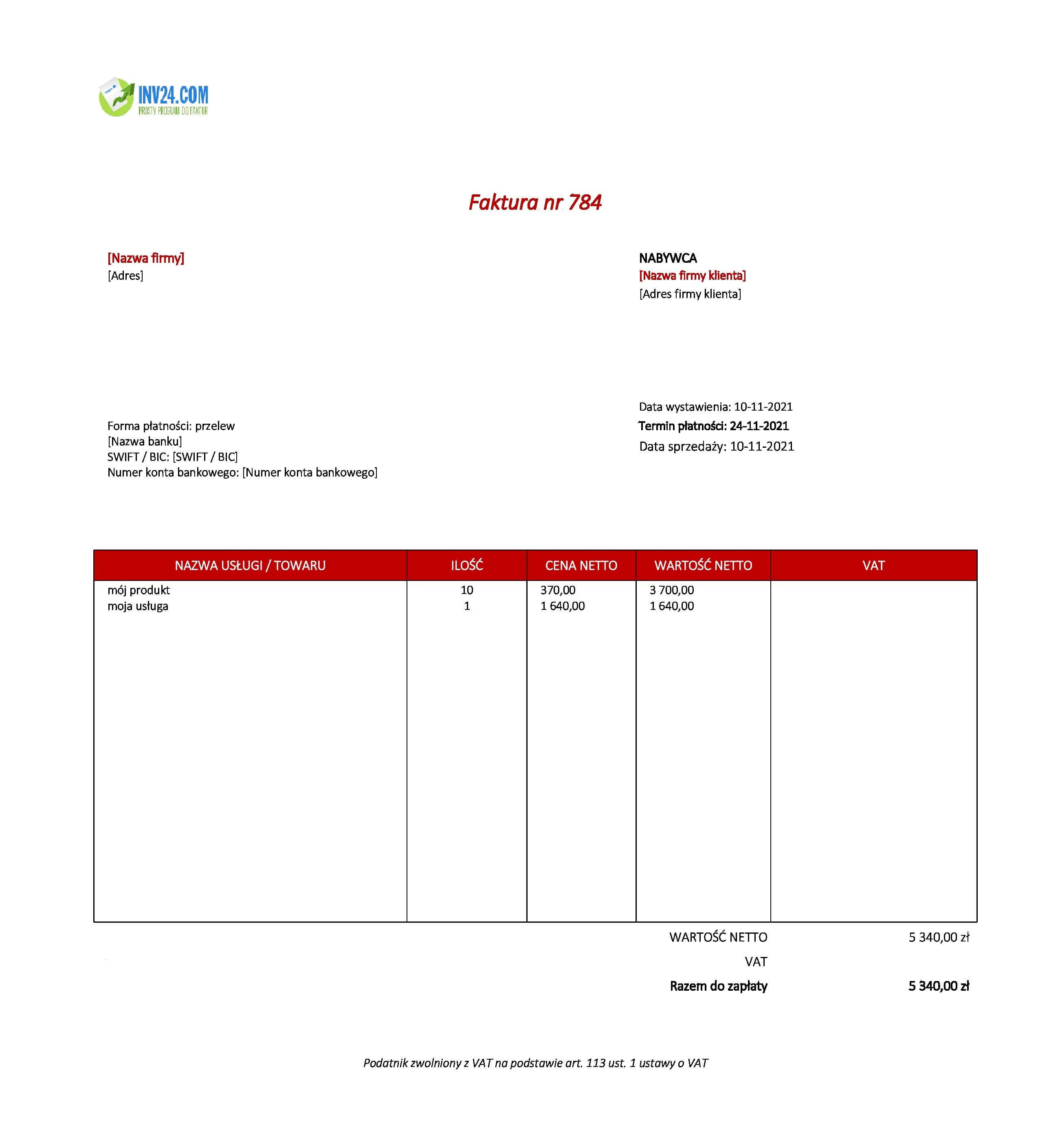 faktura bez VAT wzór xls (Excel / Google Sheets)